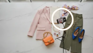 Pink blazer, green pants, blue heels, orange bag, and smartphone on marble surface with ring light