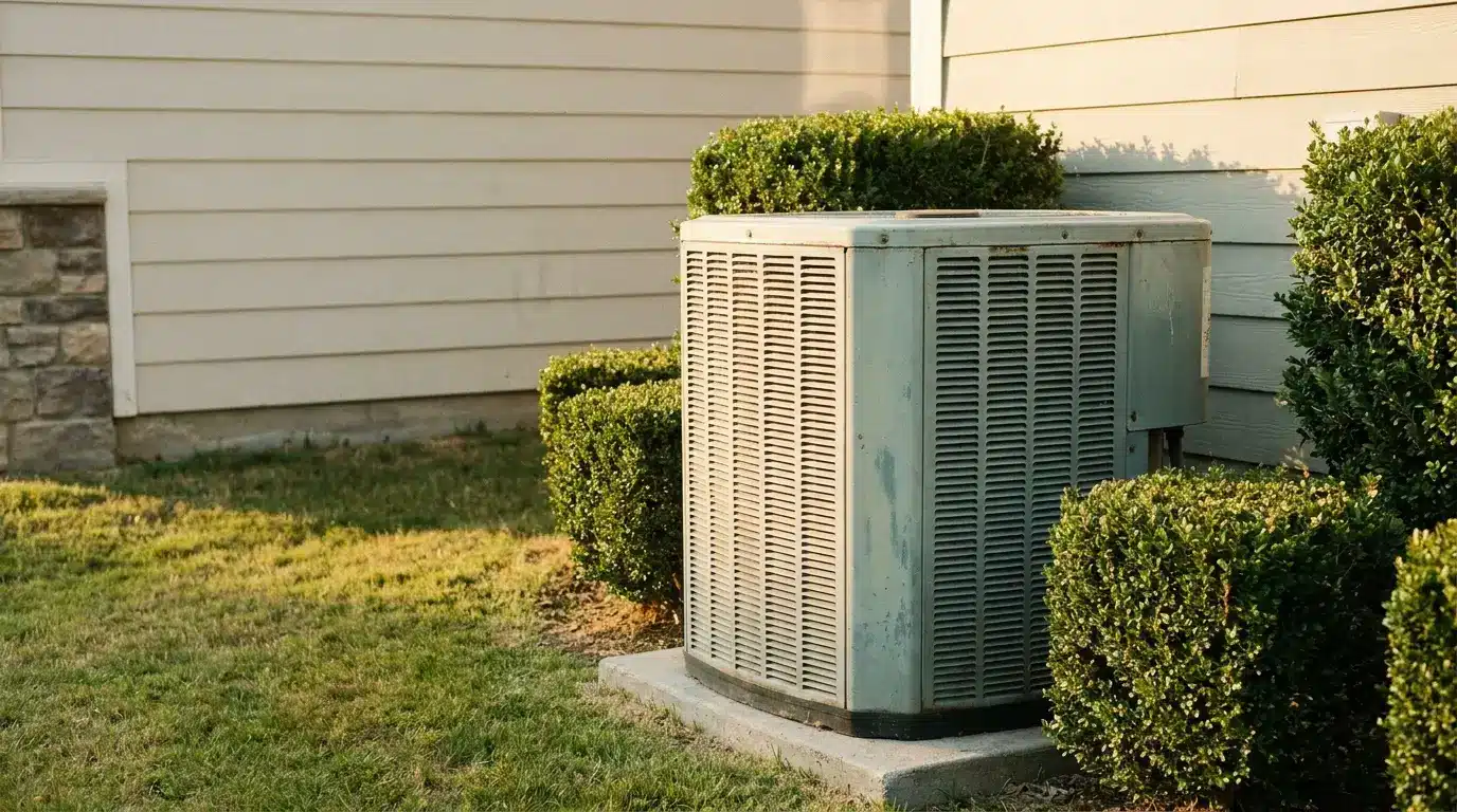 Air conditioning unit outside house surrounded by green bushes in sunlight