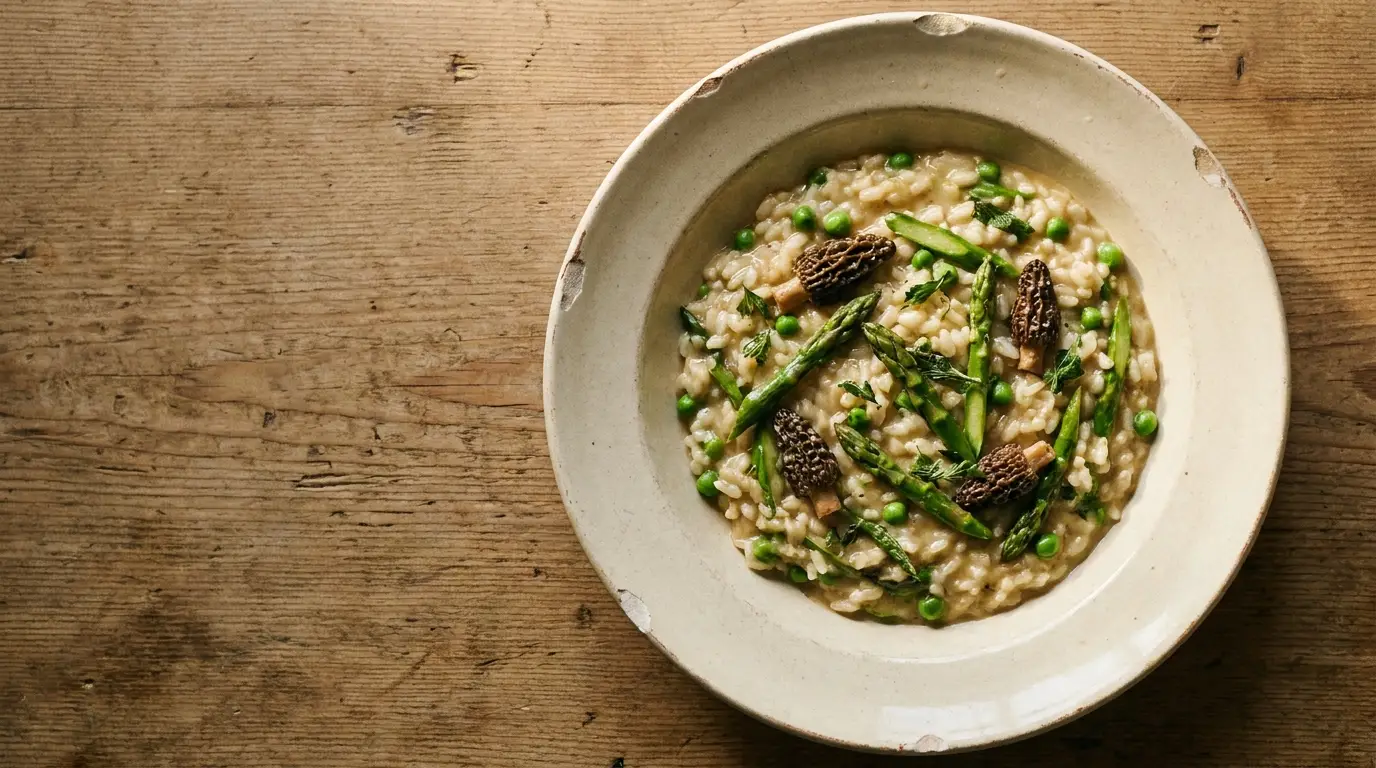 Creamy risotto with asparagus, morel mushrooms, and peas in a rustic bowl on wooden table