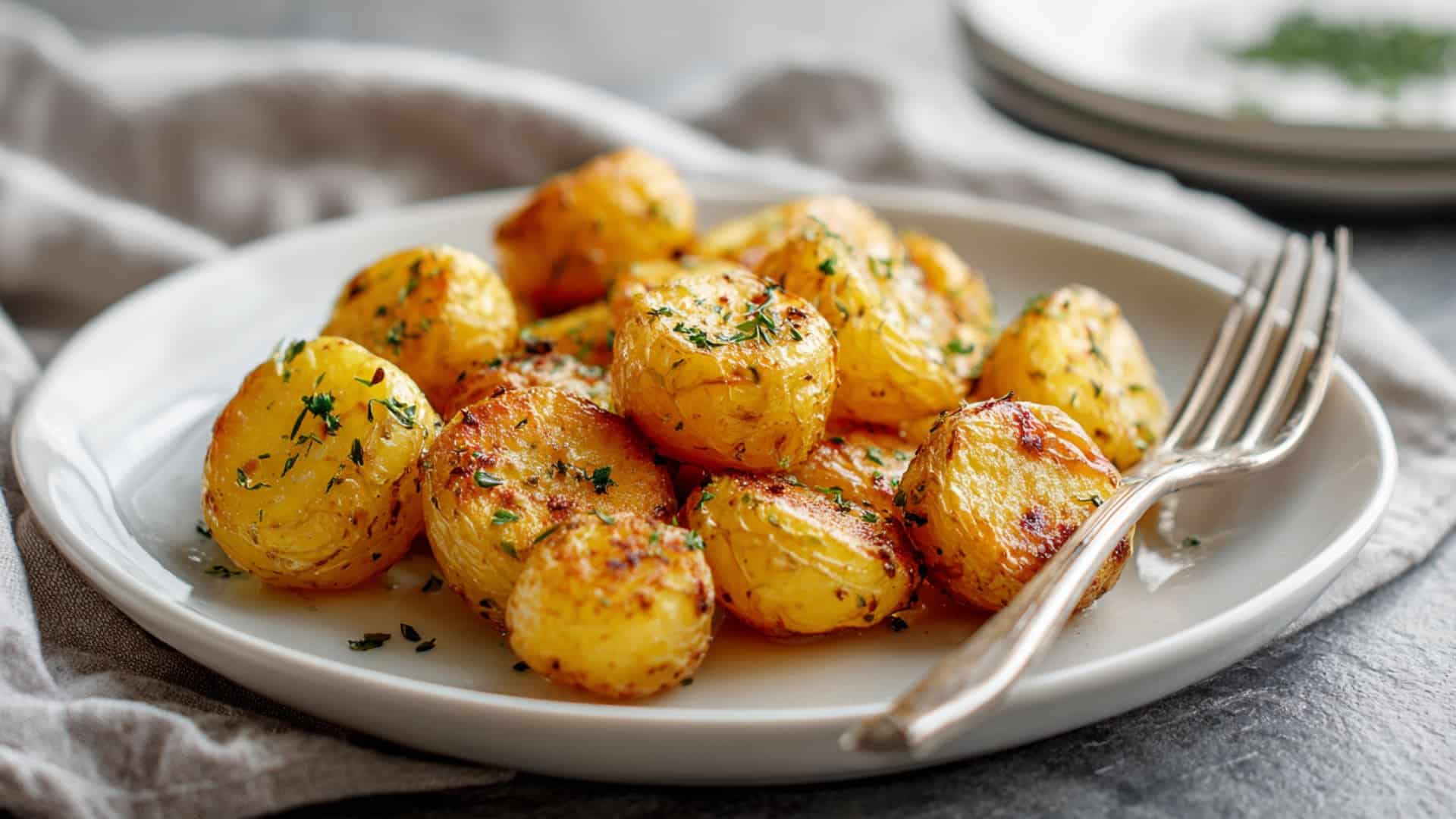 Roasted Yukon Gold potatoes served warm on a white plate with herbs and fork set