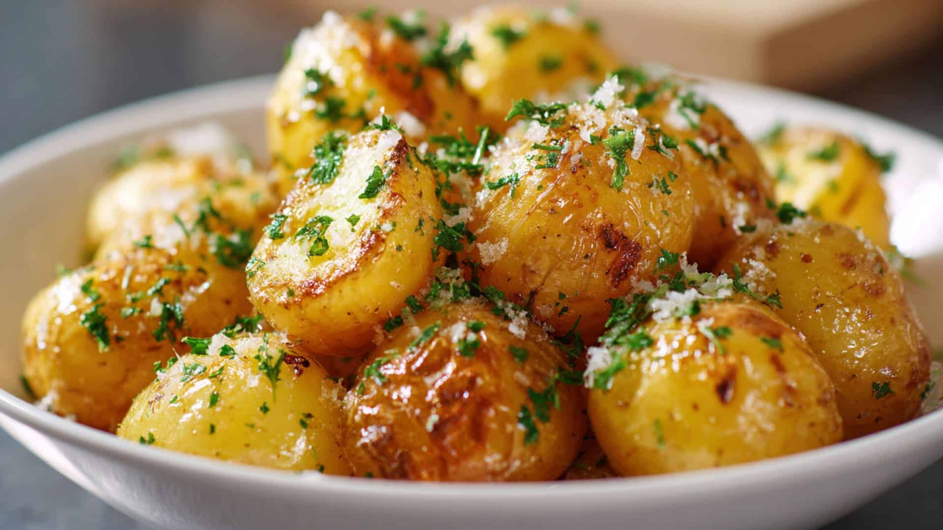Roasted Yukon Gold potatoes topped with parsley and cheese in serving bowl warm.
