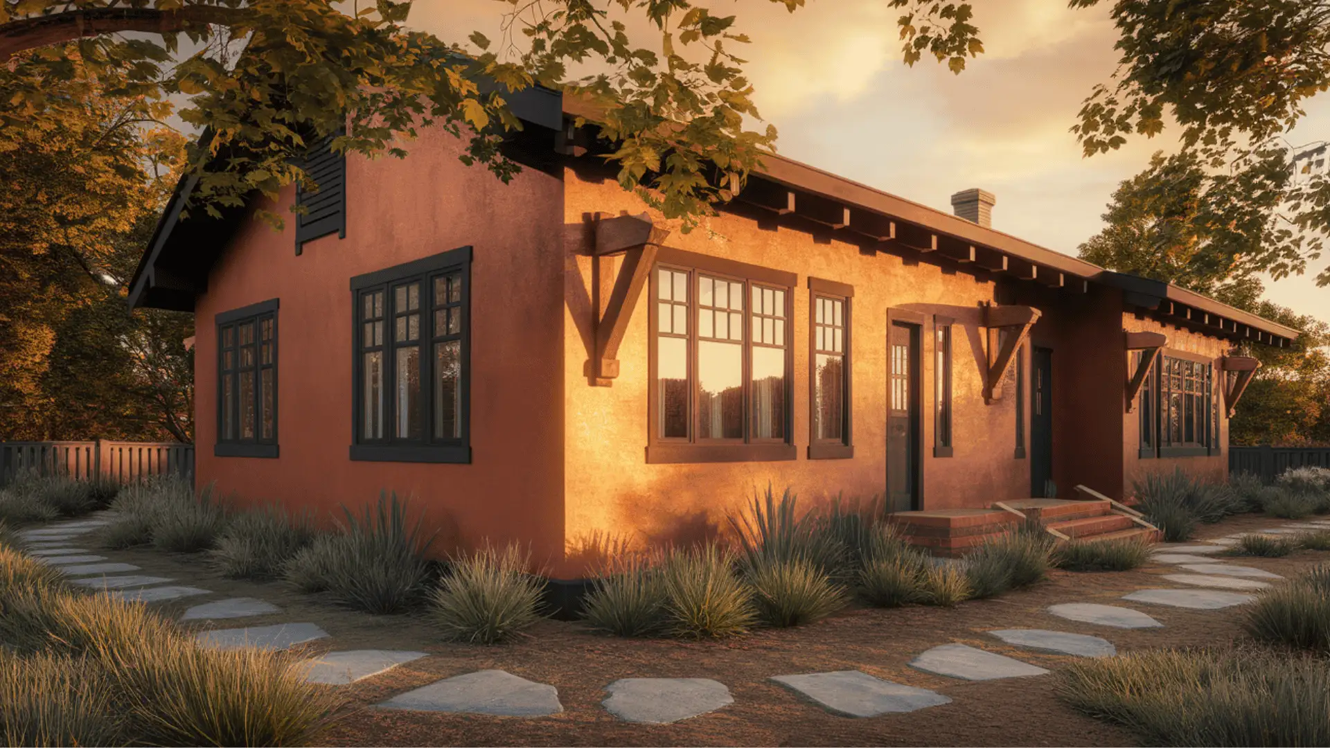 Rustic copper house exterior with dark trim and wooden beams