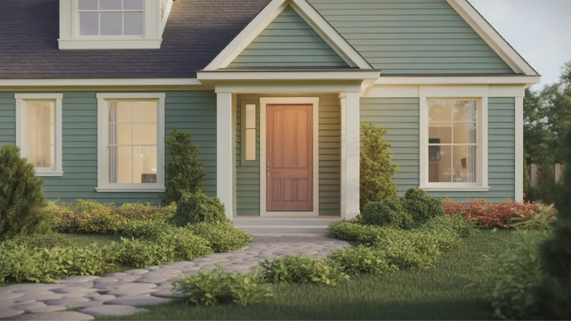 Sage green modern house exterior with white trim and wooden front door