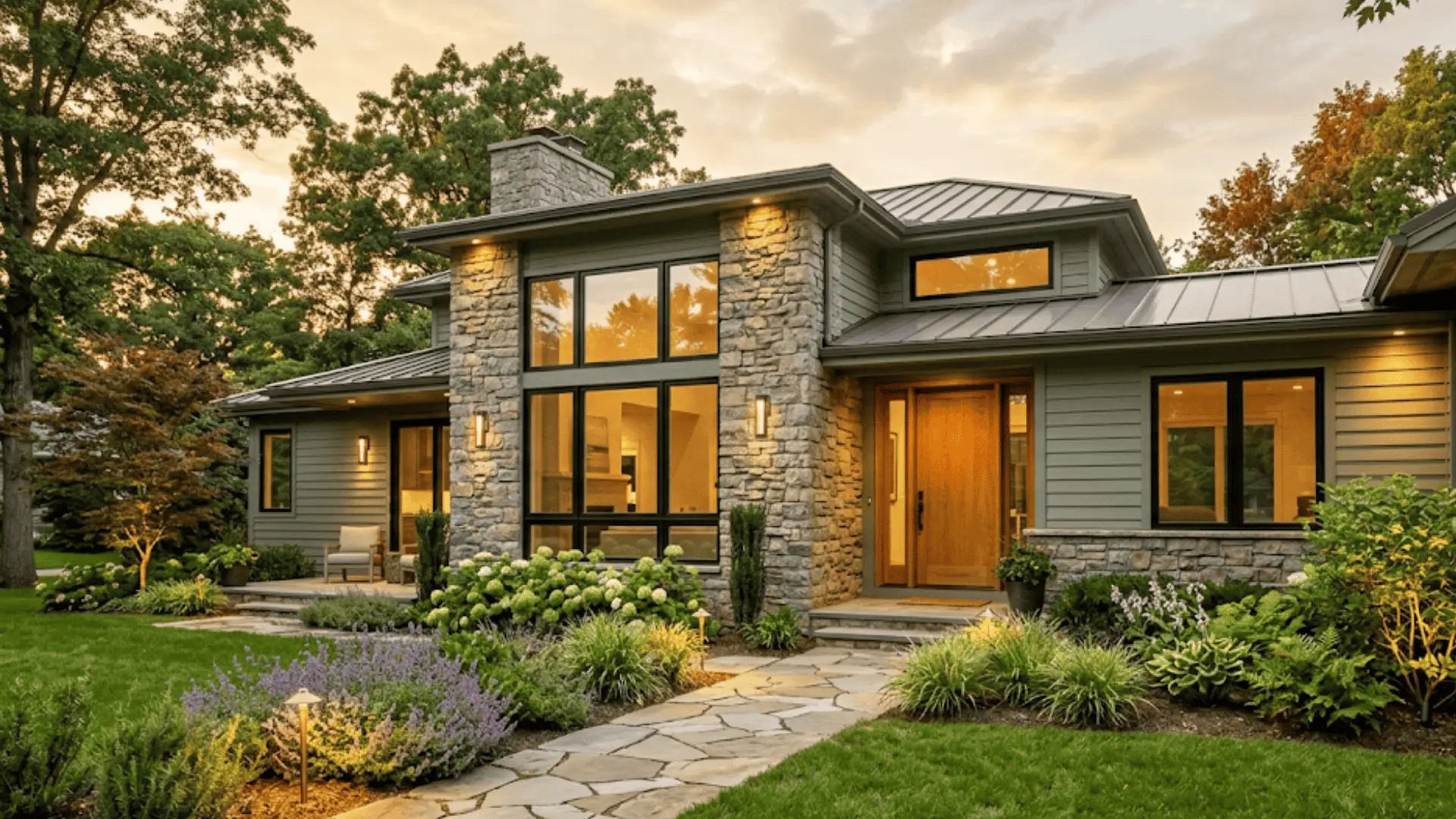 Sage green house exterior with stone accents and landscaped yard