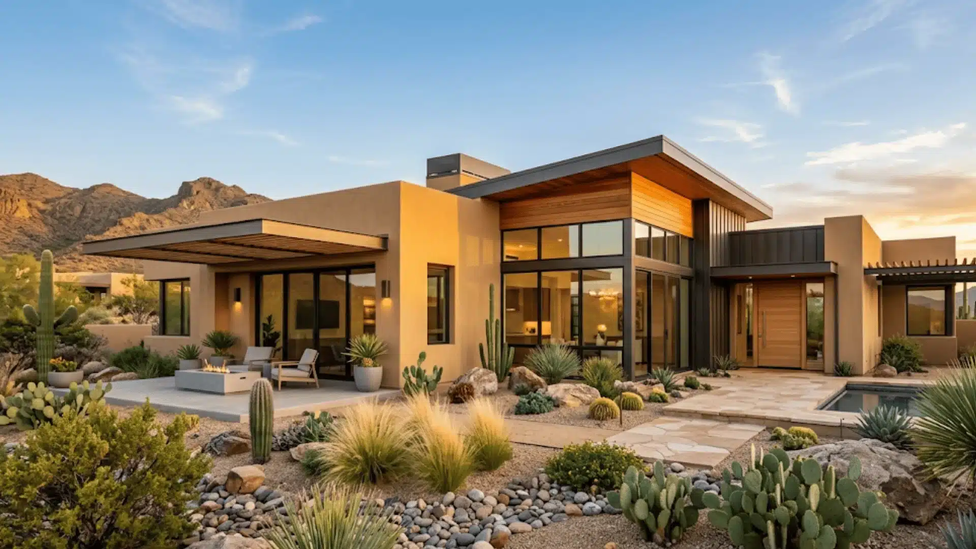 Sandstone modern house exterior with wood accents and natural landscaping