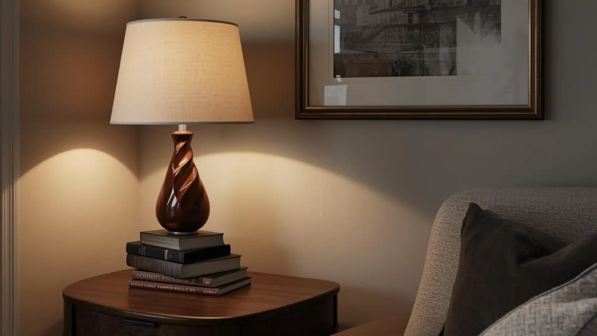 Modern Victorian side table with sculptural lamp, stacked books, framed art, and warm ambient room lighting indoors.