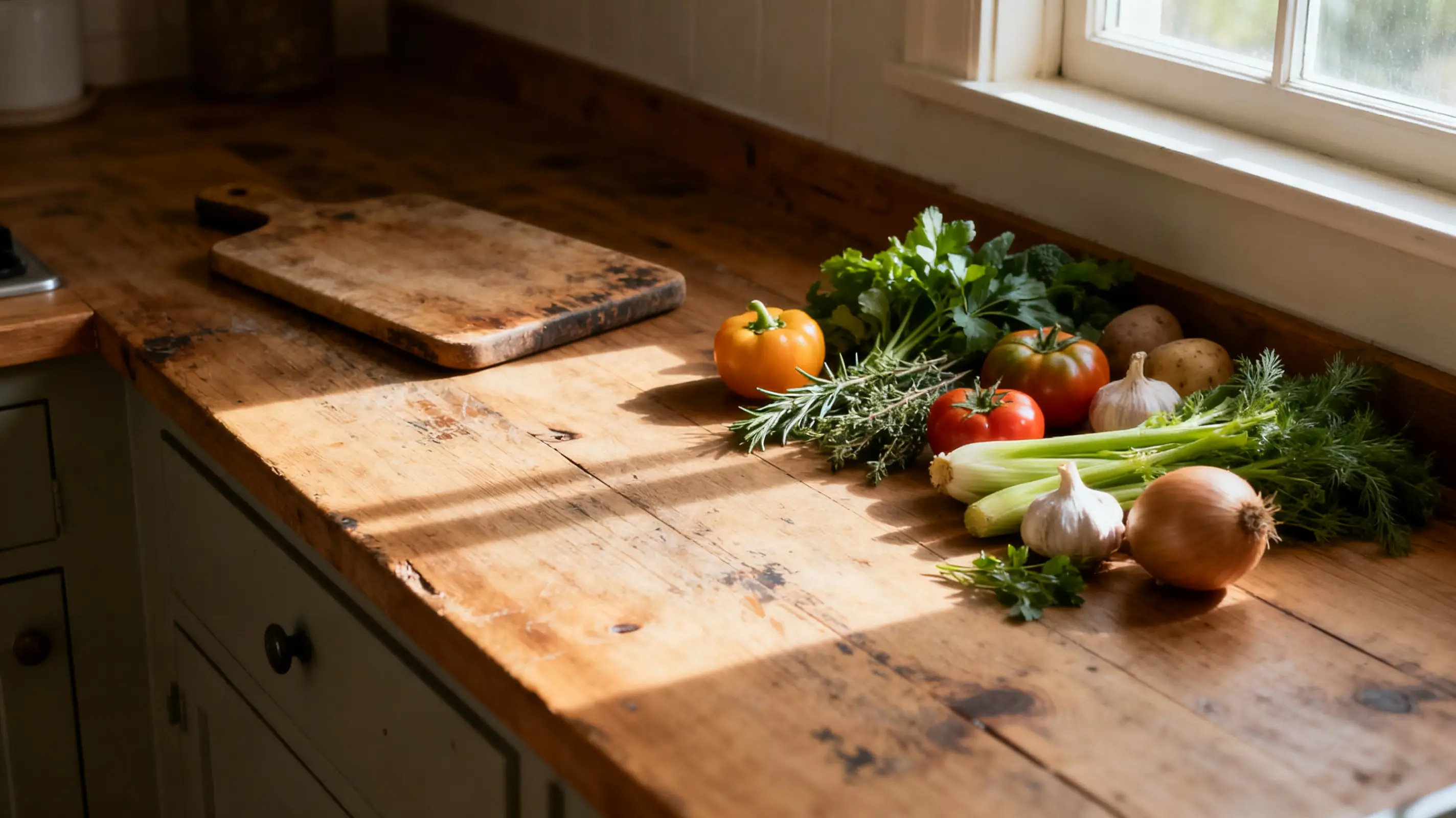 Vegetables and herbs on wooden kitchen countertop under sunlight