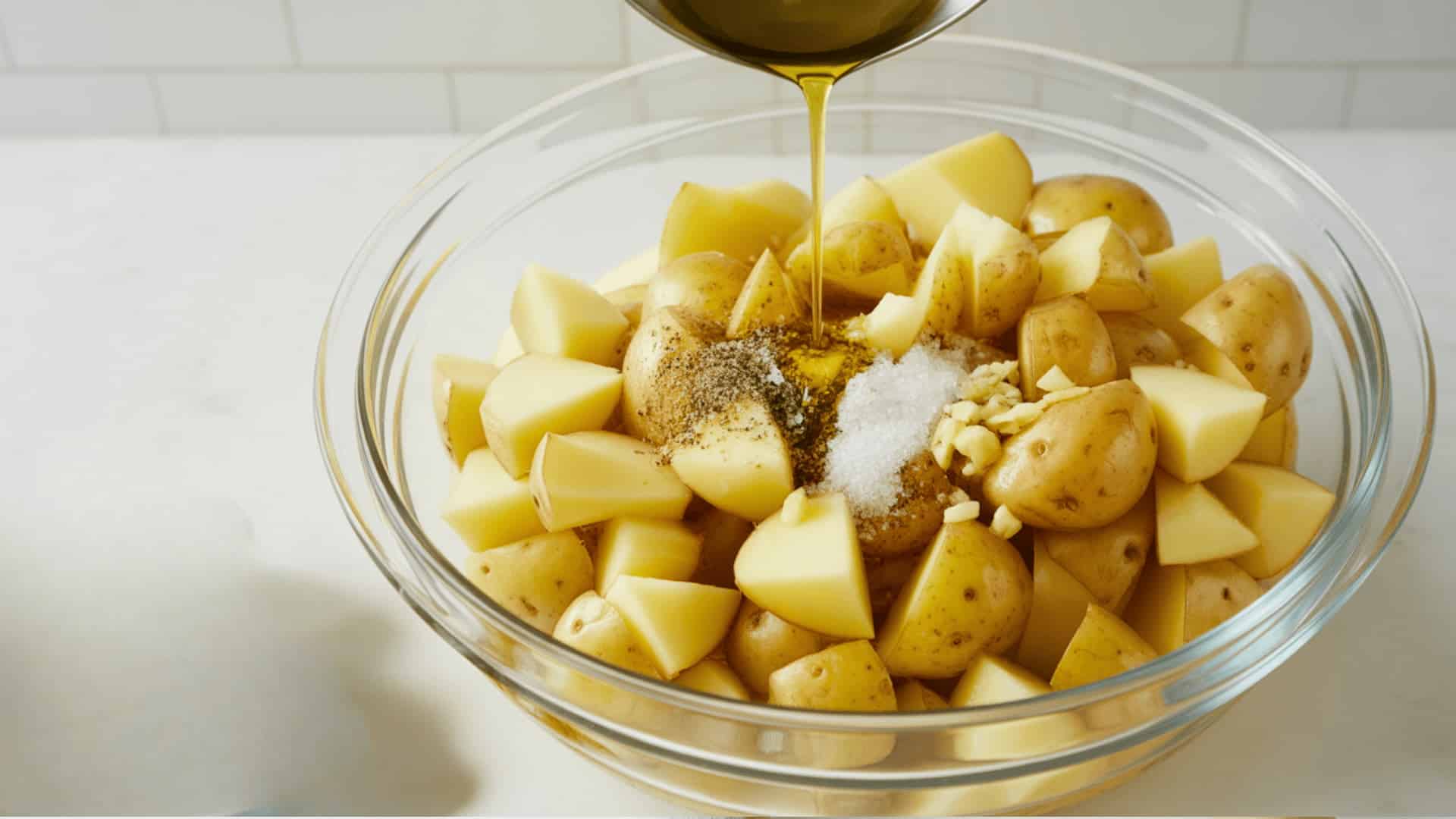 Seasoning Yukon Gold potato chunks with oil, salt, garlic, and pepper in bowl