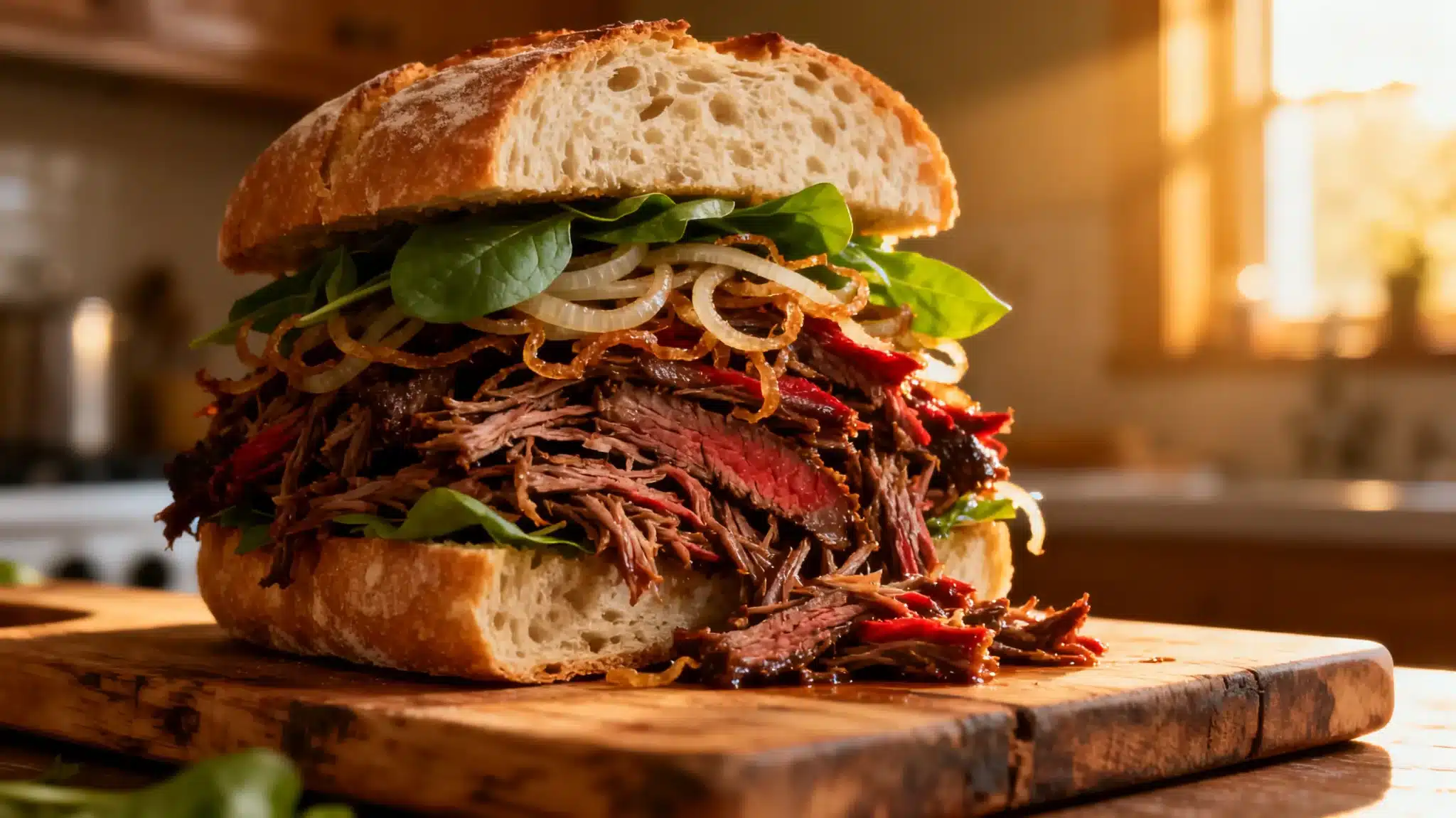 Sandwich filled with shredded beef, spinach, and onions on rustic wooden board in warm kitchen lighting
