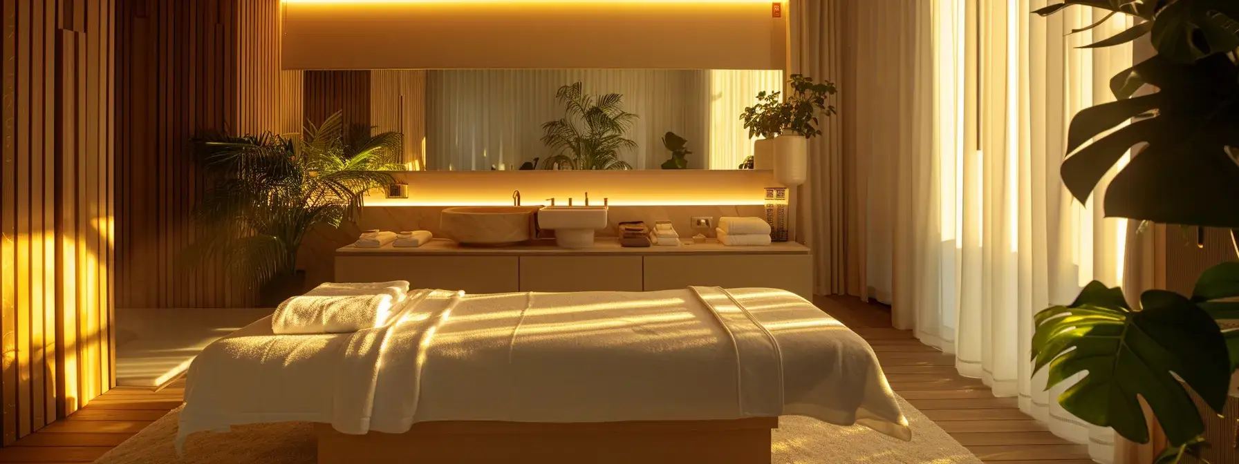 Spa treatment room with sunlit massage table, tropical plants, and warm ambient lighting
