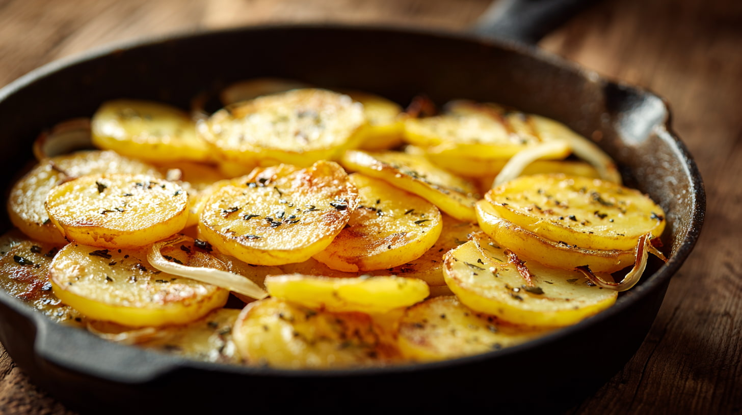 Skillet Yukon Gold potatoes with onions browning in a rustic pan at home table