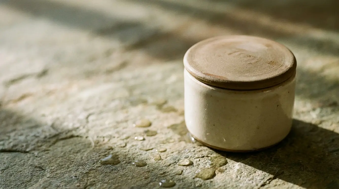 Rustic ceramic jar with lid on textured stone surface under natural sunlight