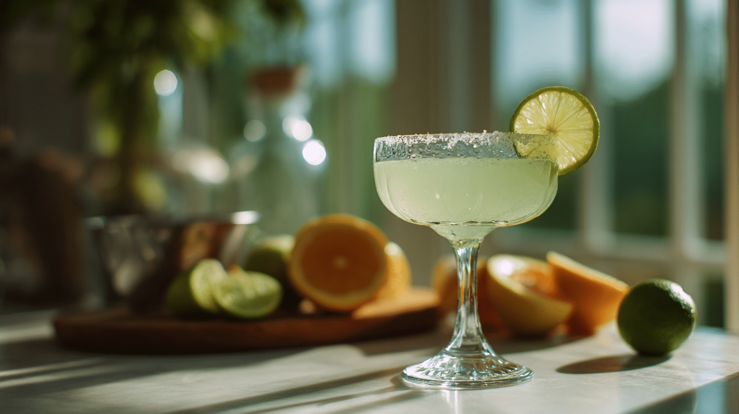 skinny margarita made with fresh lime juice and tequila in a salt-rimmed glass