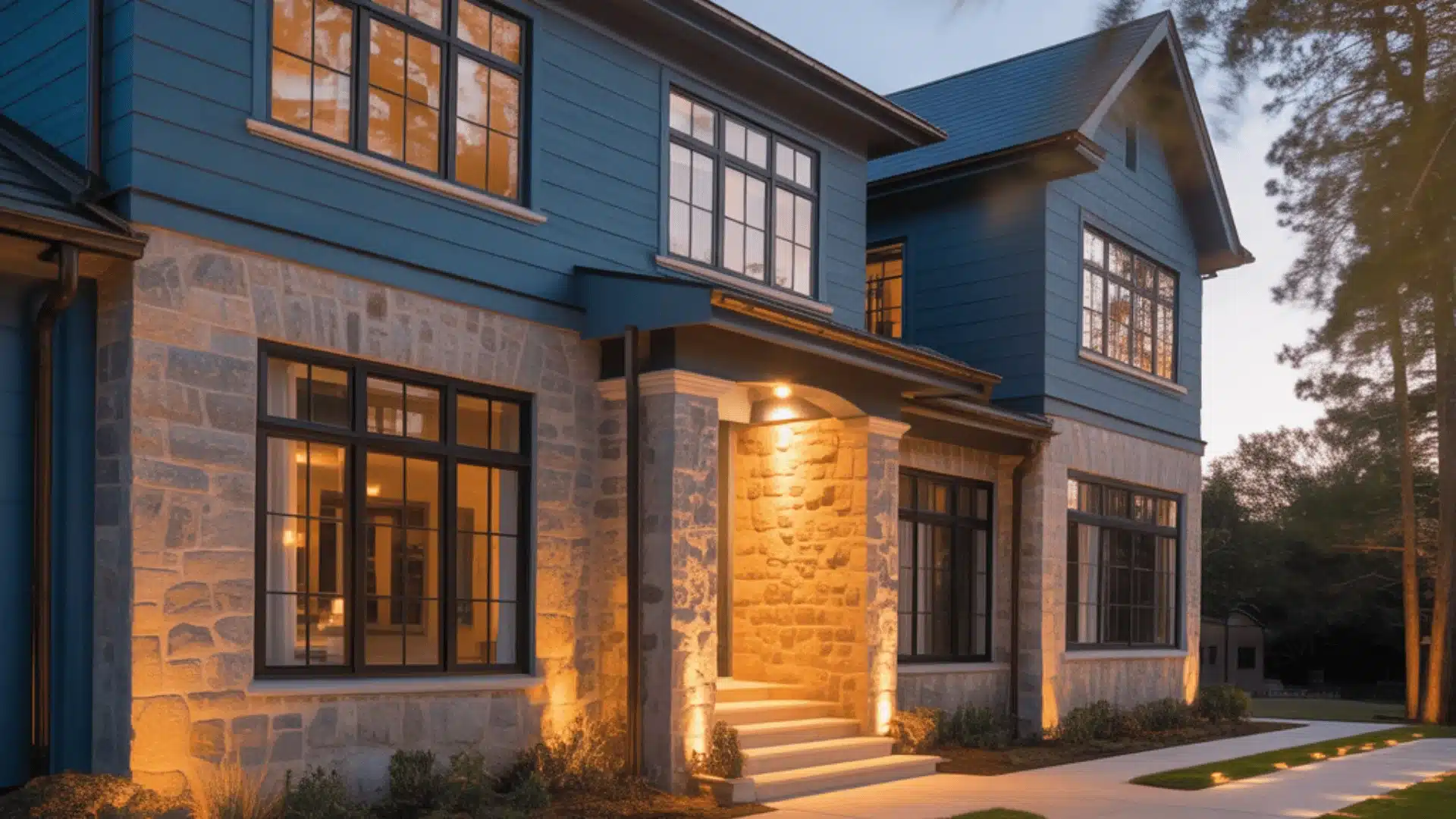 Slate blue modern house exterior with stone entryway and black windows