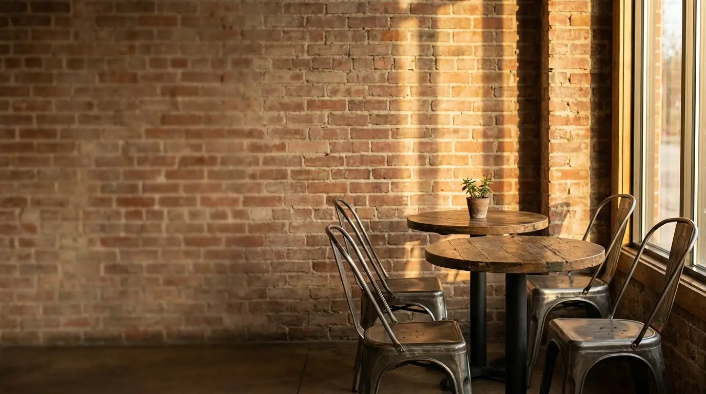 Industrial-style café seating with metal chairs and wooden tables against exposed brick wall