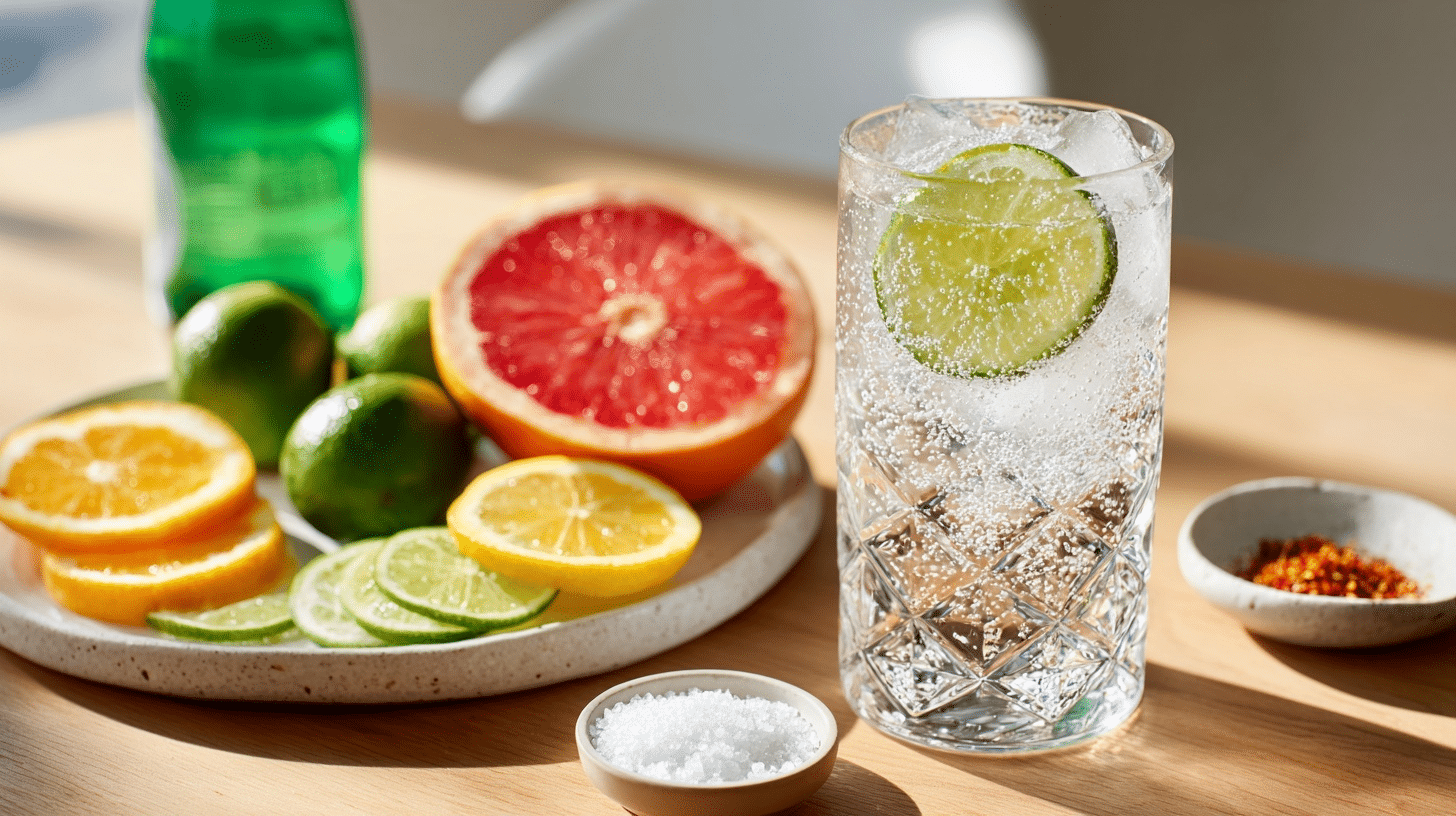 tequila soda with fresh citrus and salt rim flavor boost options