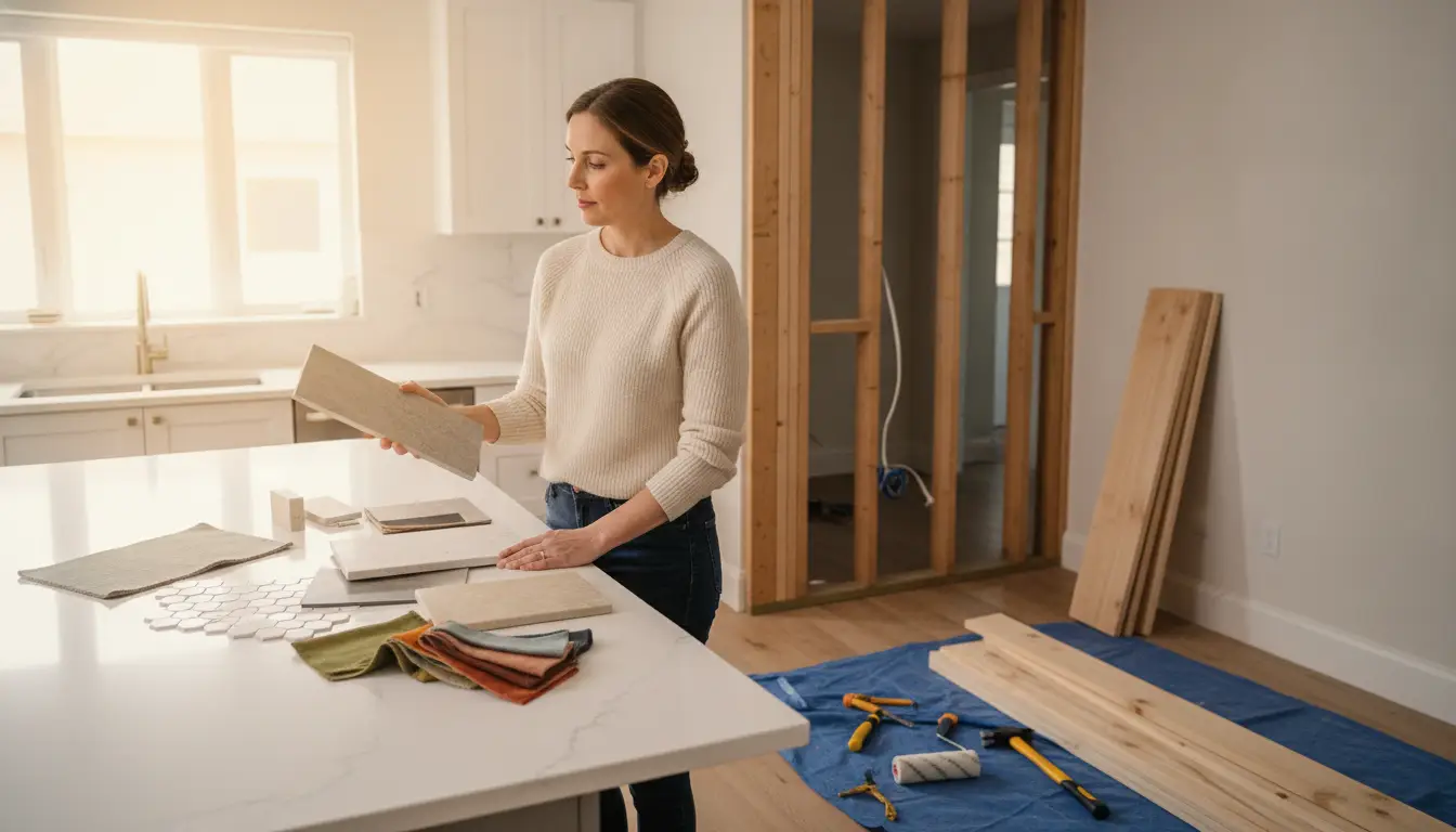 Person examining tile samples on white countertop in a room under renovation with tools nearby
