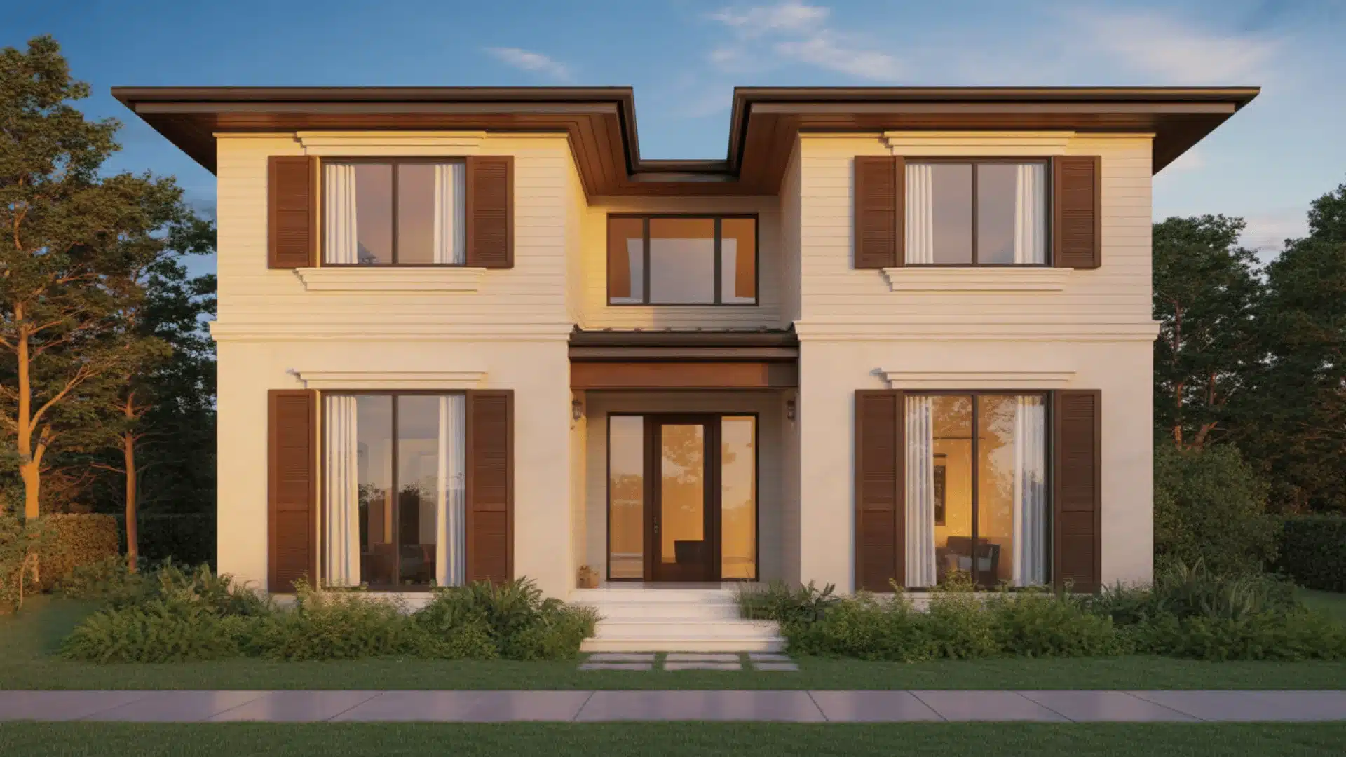 Soft cream modern house exterior with dark shutters and wood accents