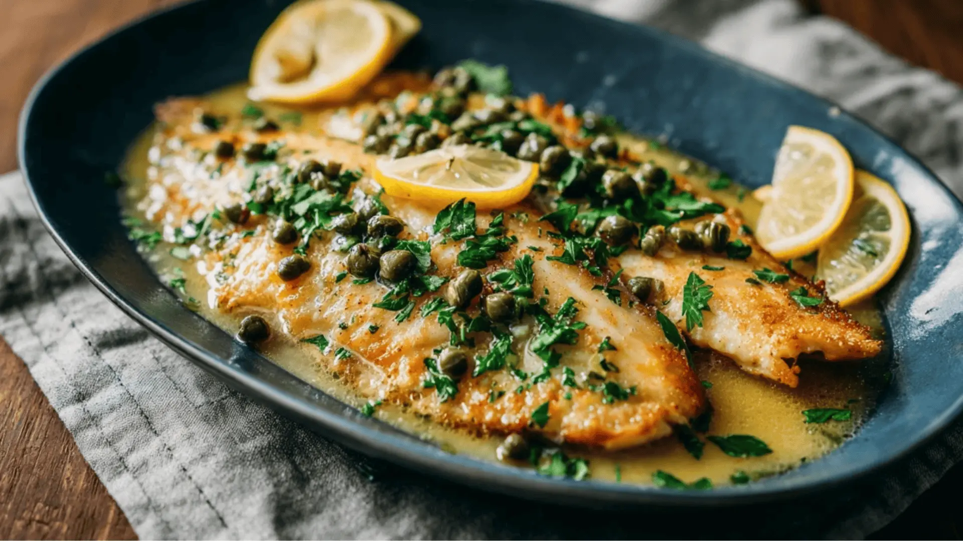 pan-seared whole sole fish with capers and parsley in butter sauce, served on a navy blue plate with lemon slices