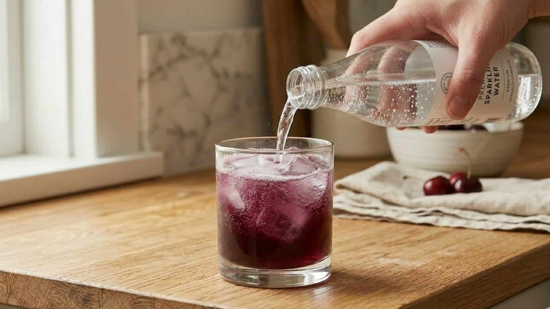 Clear water pouring into a purple iced drink in a short glass with cherries nearby.