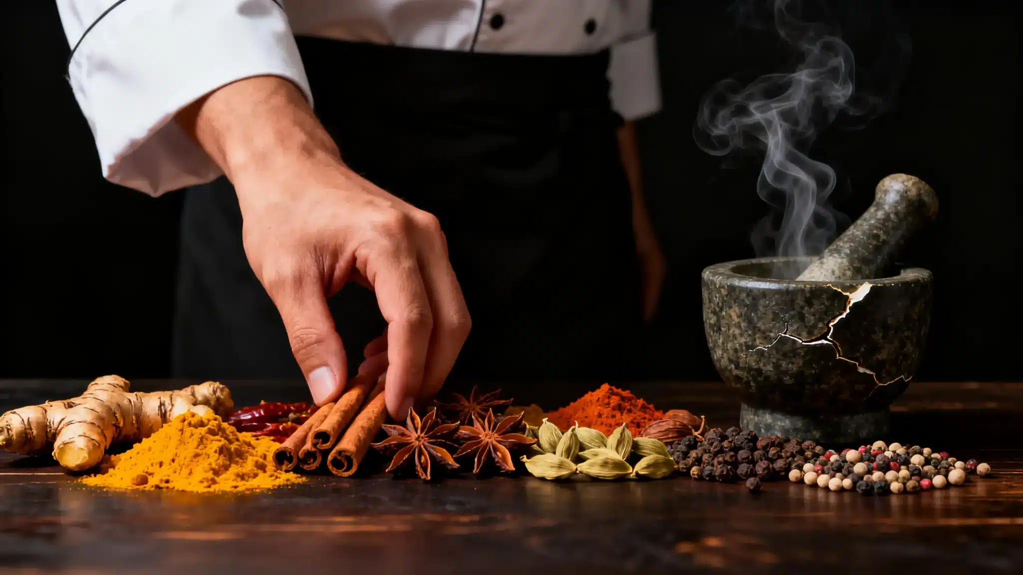 Chef's hand arranging spices near cracked stone mortar with pestle on wooden table