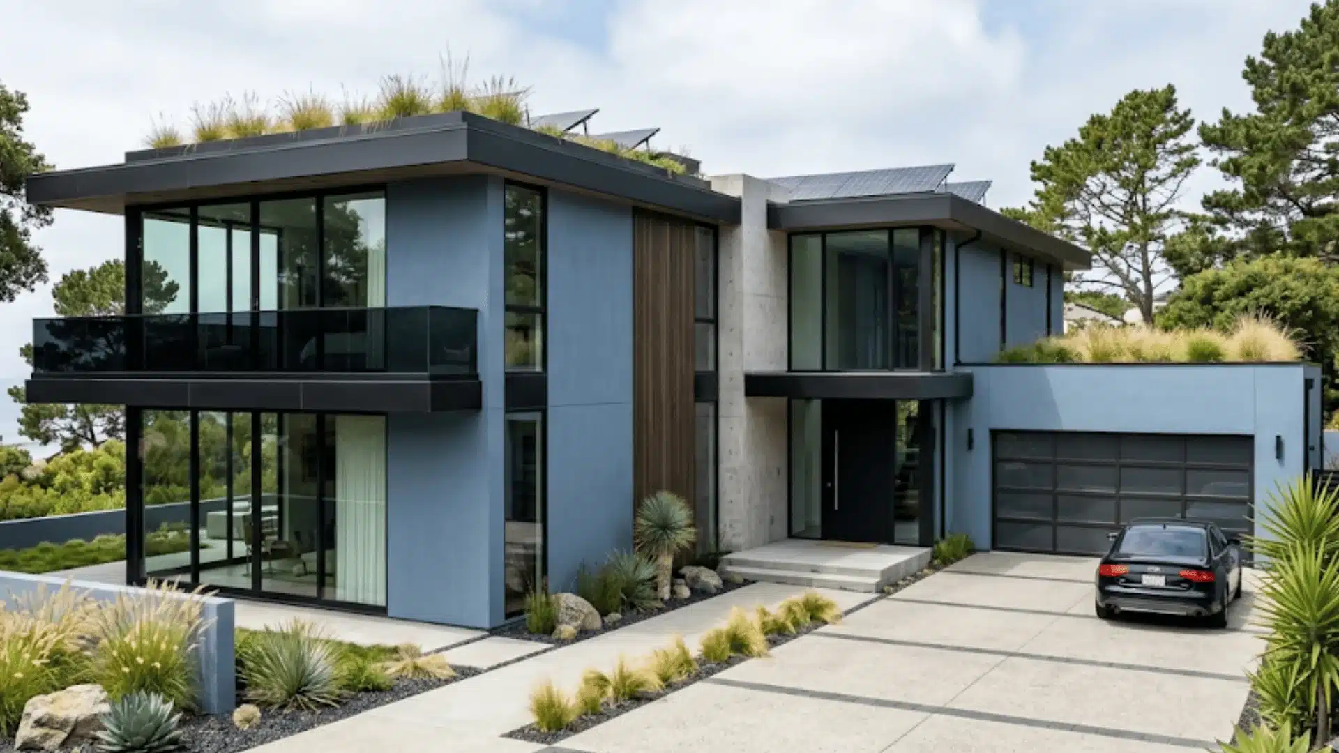 Steel blue modern house exterior with black windows and minimalist landscaping