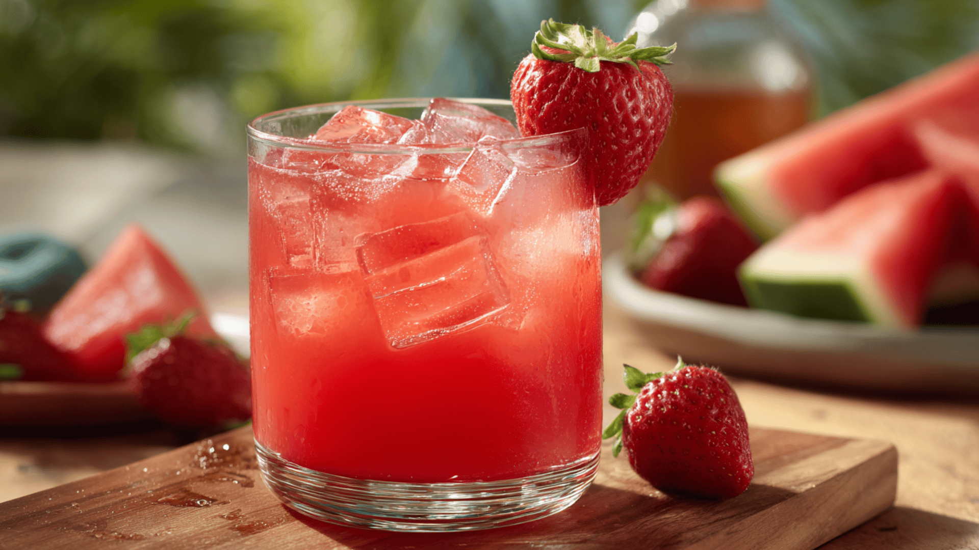 cold pressed strawberry watermelon summer juice with lime over crushed ice