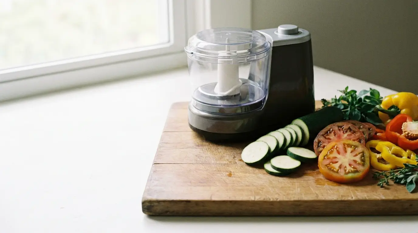 Food processor and sliced vegetables on wooden cutting board in sunlit kitchen setting