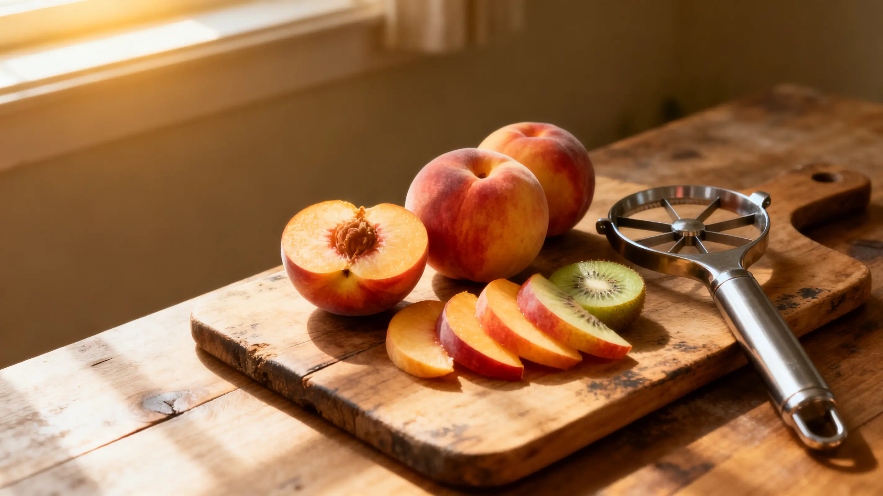 Peaches and kiwi slices on wooden cutting board with metal fruit slicer in warm lighting