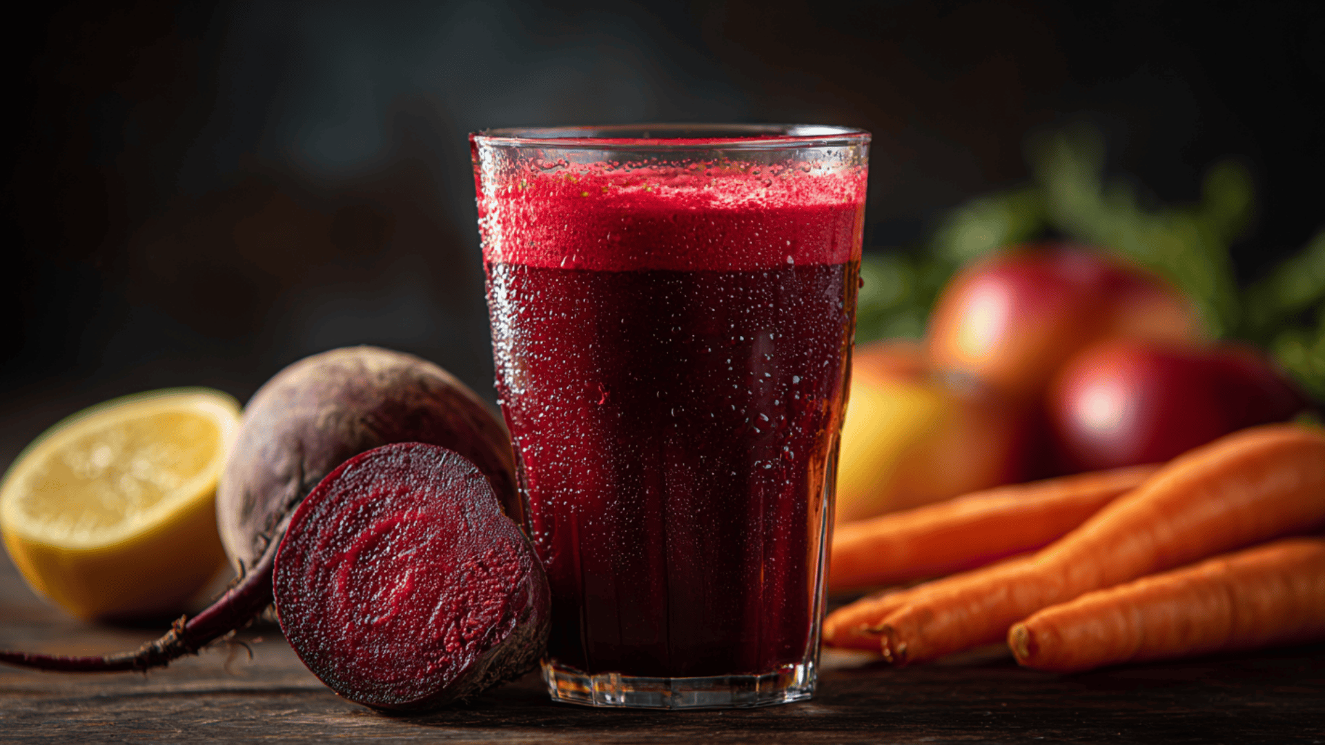 deep red cold pressed beetroot energy juice with apple and carrot cold pressed beet juice with apple carrot and lemon in a glass