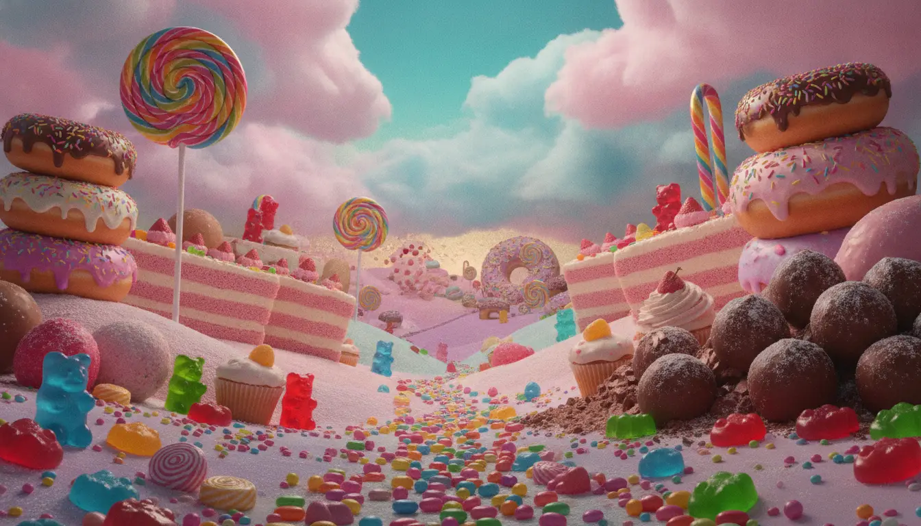 Candy landscape with lollipops, donuts, cupcakes, and colorful gummy bears under pastel sky