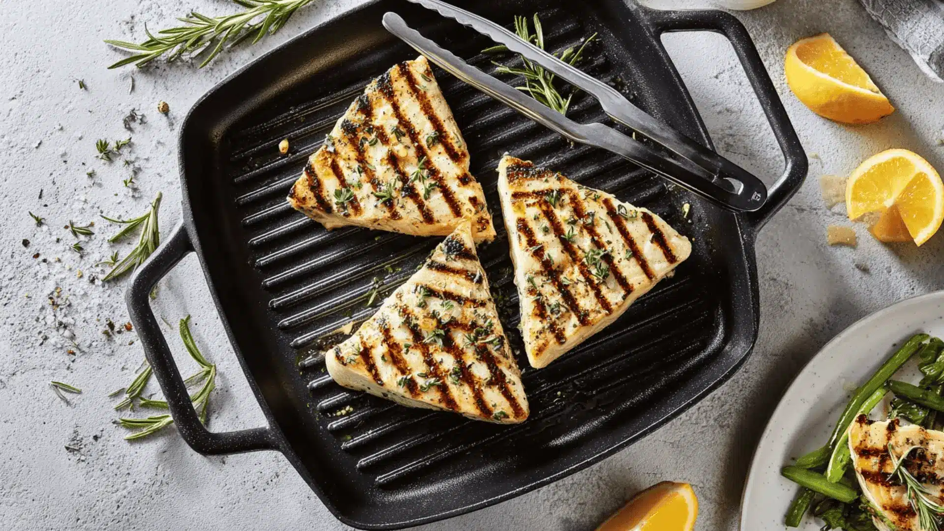 grilled fish steaks with herb seasoning on a cast iron grill pan, garnished with rosemary and served with lemon wedges and vegetables