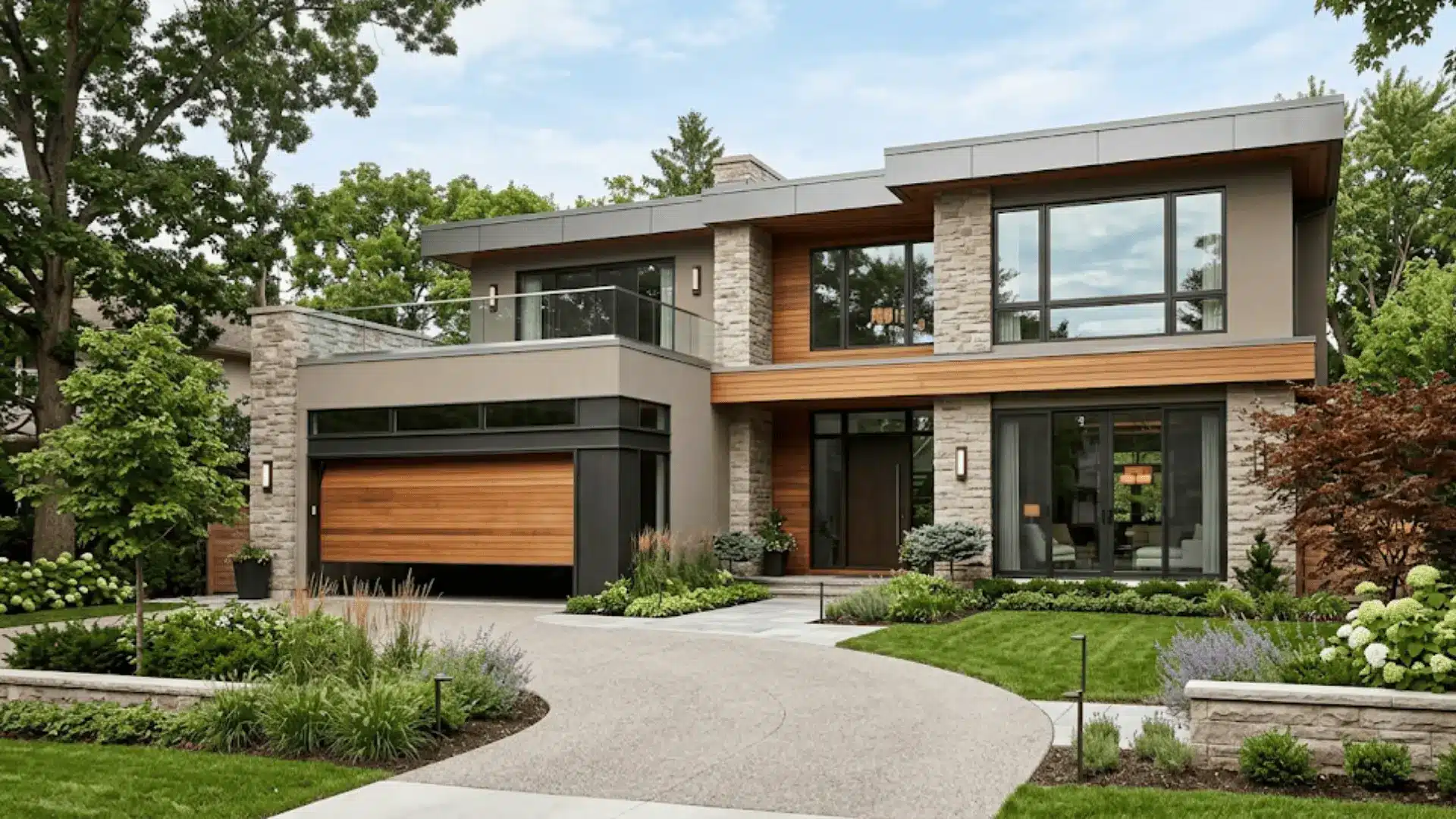 Taupe modern home exterior with stone accents and a wooden garage door