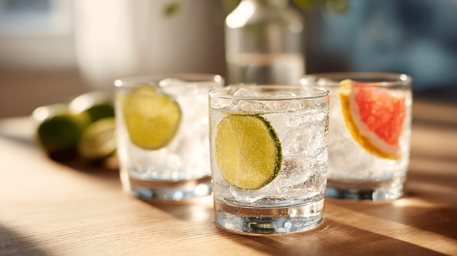 tequila soda with flavored sparkling water and lime in a highball glass