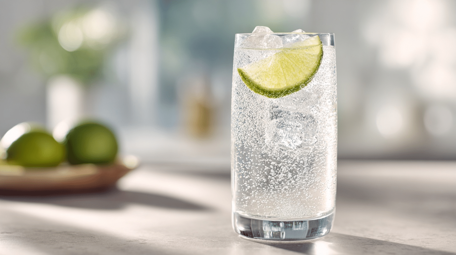 tequila soda drink in a glass with ice, lime wedge, and soda water