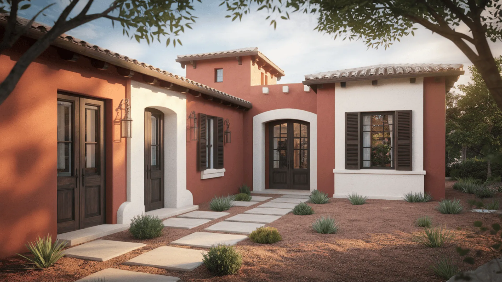 Terracotta modern house exterior with white stucco accents and clay tile roof