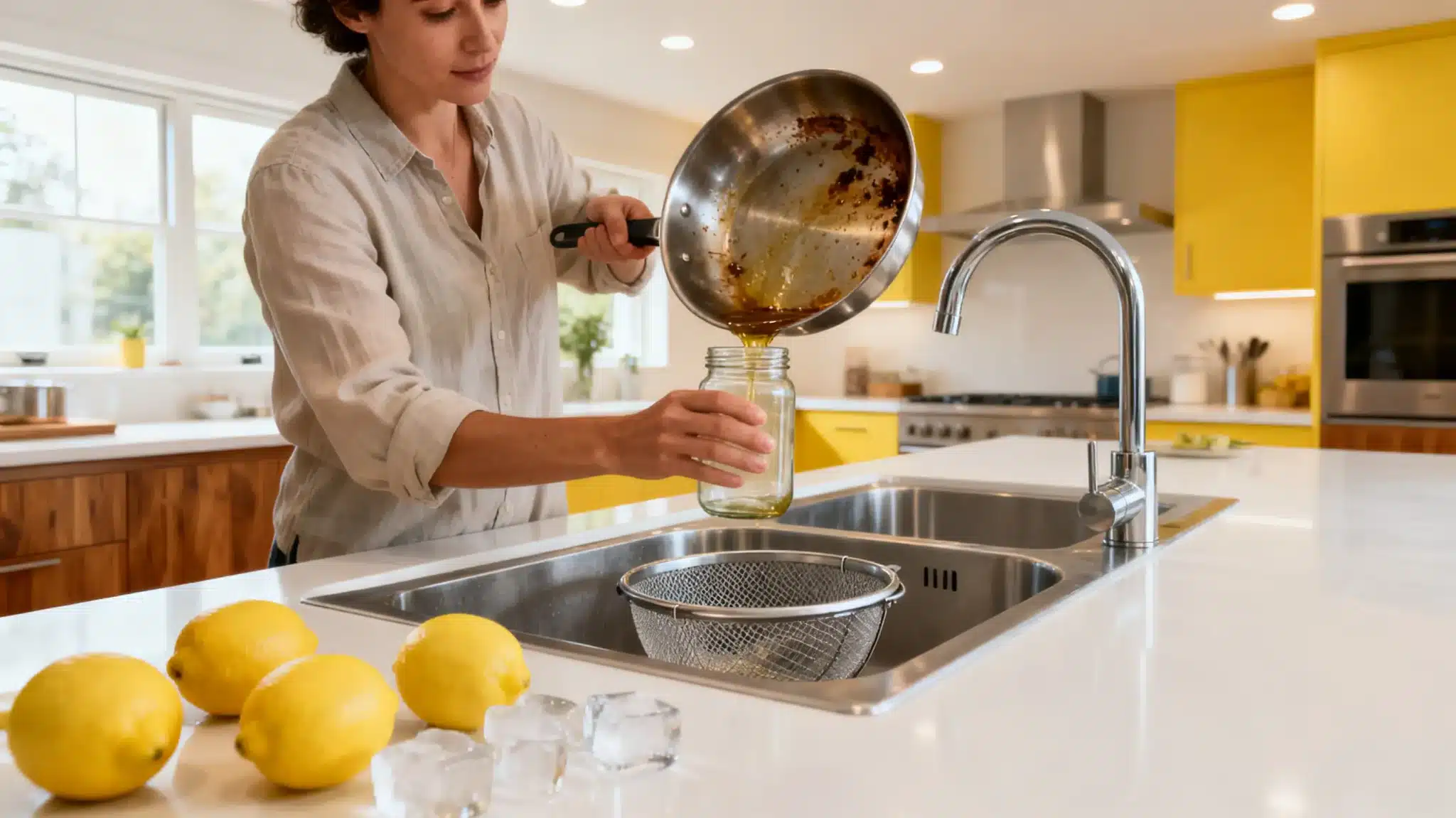 Pouring sauce from pan into jar in bright kitchen with lemons on counter