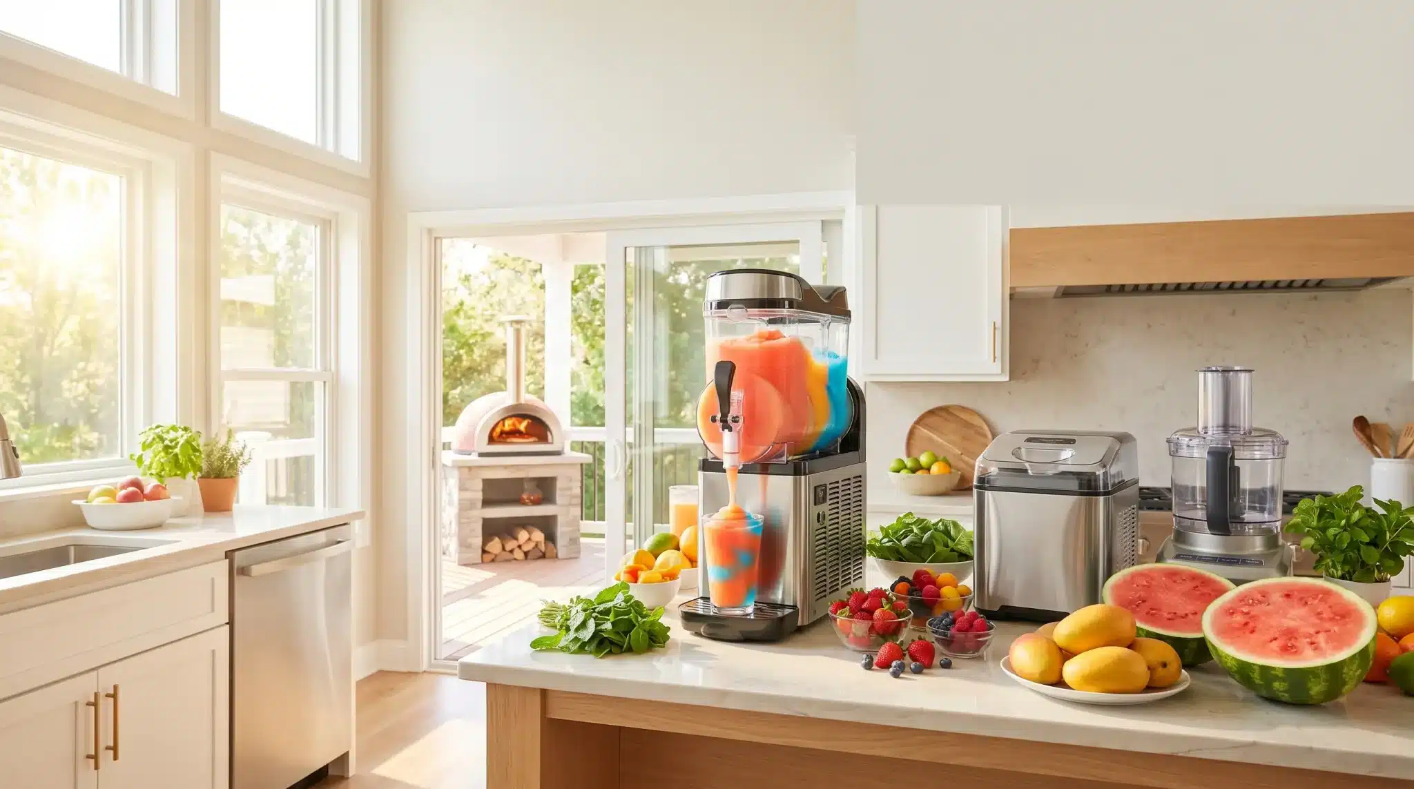 Colorful slushie machine on marble countertop with fresh fruit and kitchen appliances in sunny kitchen