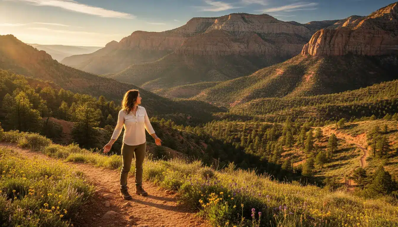 Woman standing on a trail overlooking a scenic canyon landscape during golden hour