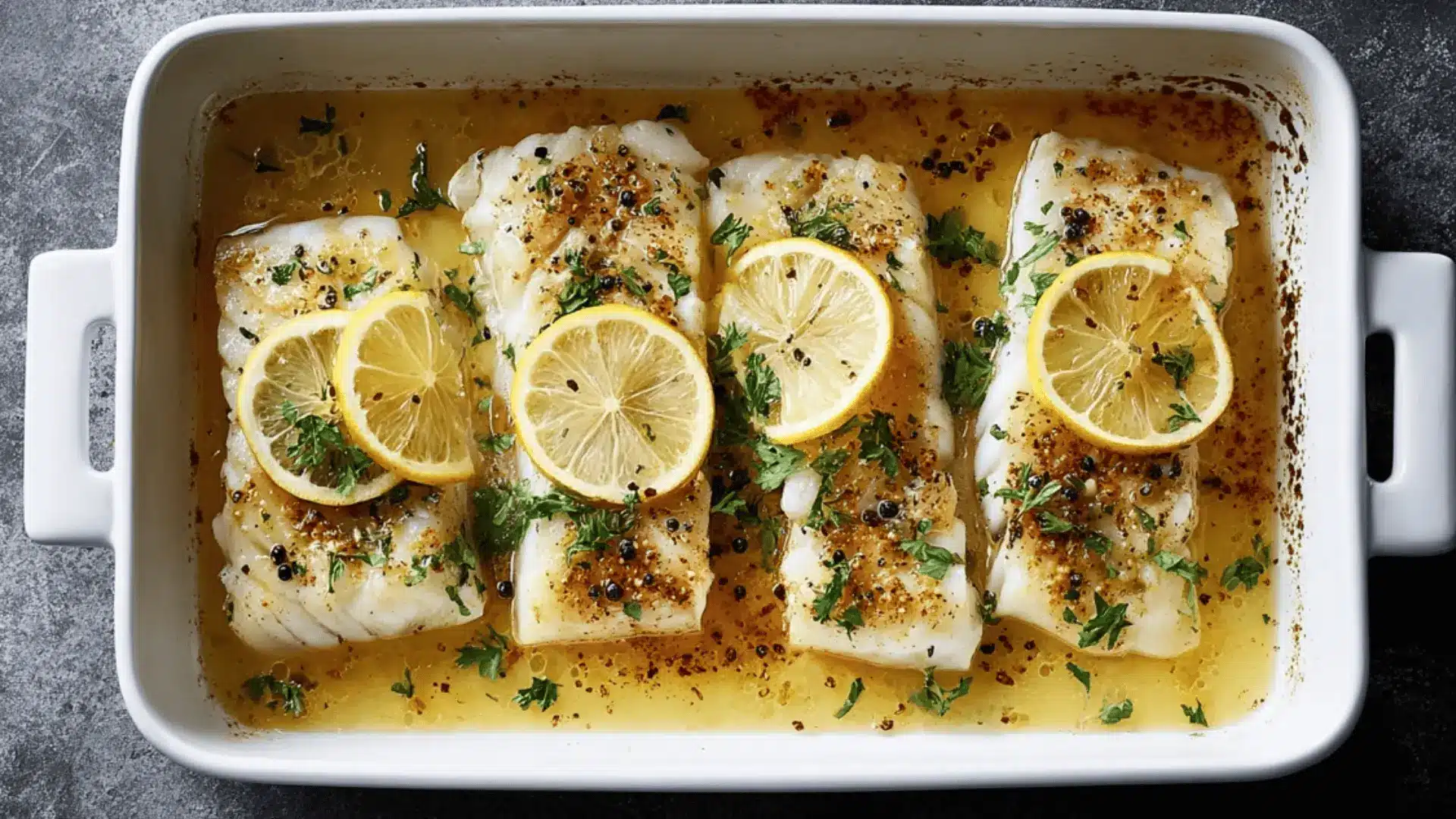 baked white fish fillets in a dish with lemon slices, herbs, and butter sauce