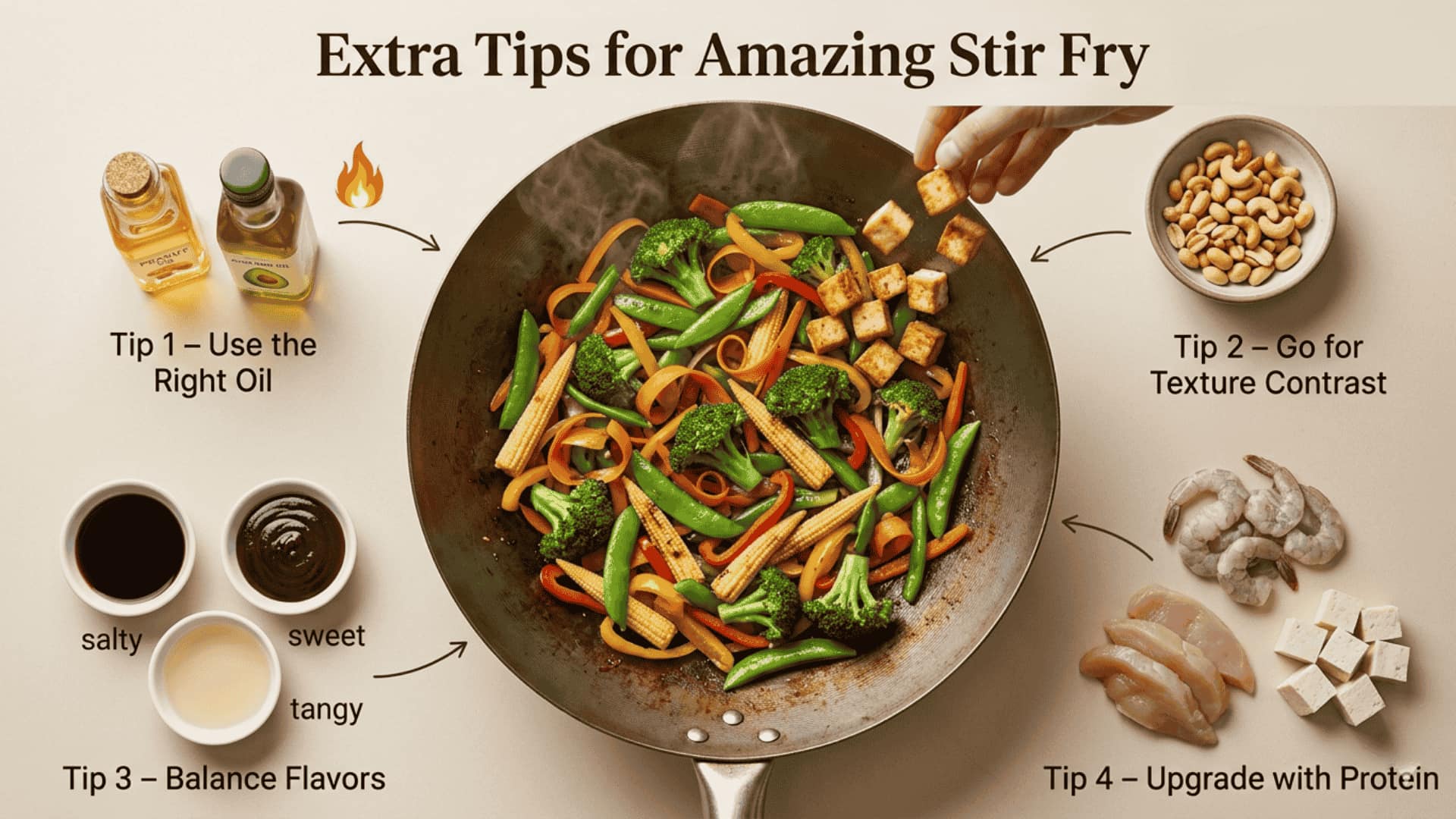 Infographic showing stir-fry tips: use the right oil, balance flavors, add protein, and mix textures, with veggies cooking in a wok