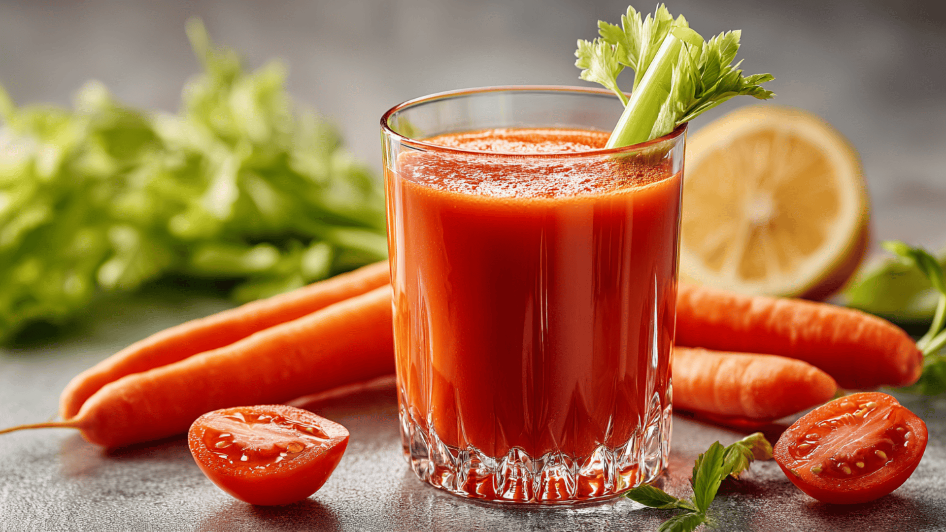 cold pressed tomato carrot savory juice with celery and lemon in a glass fresh cold pressed tomato carrot and celery juice served at room temperature
