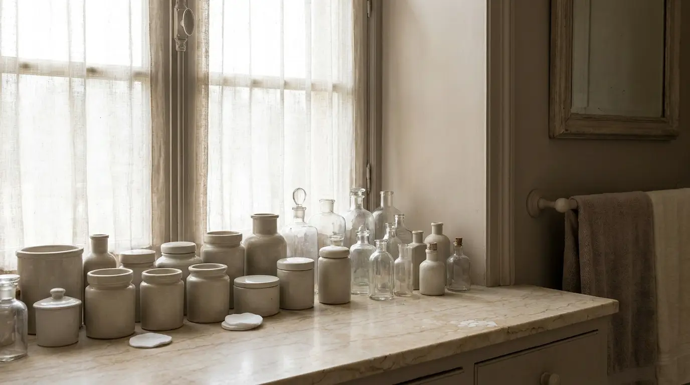 Ceramic and glass jars on marble countertop in softly lit bathroom with towels hanging nearby