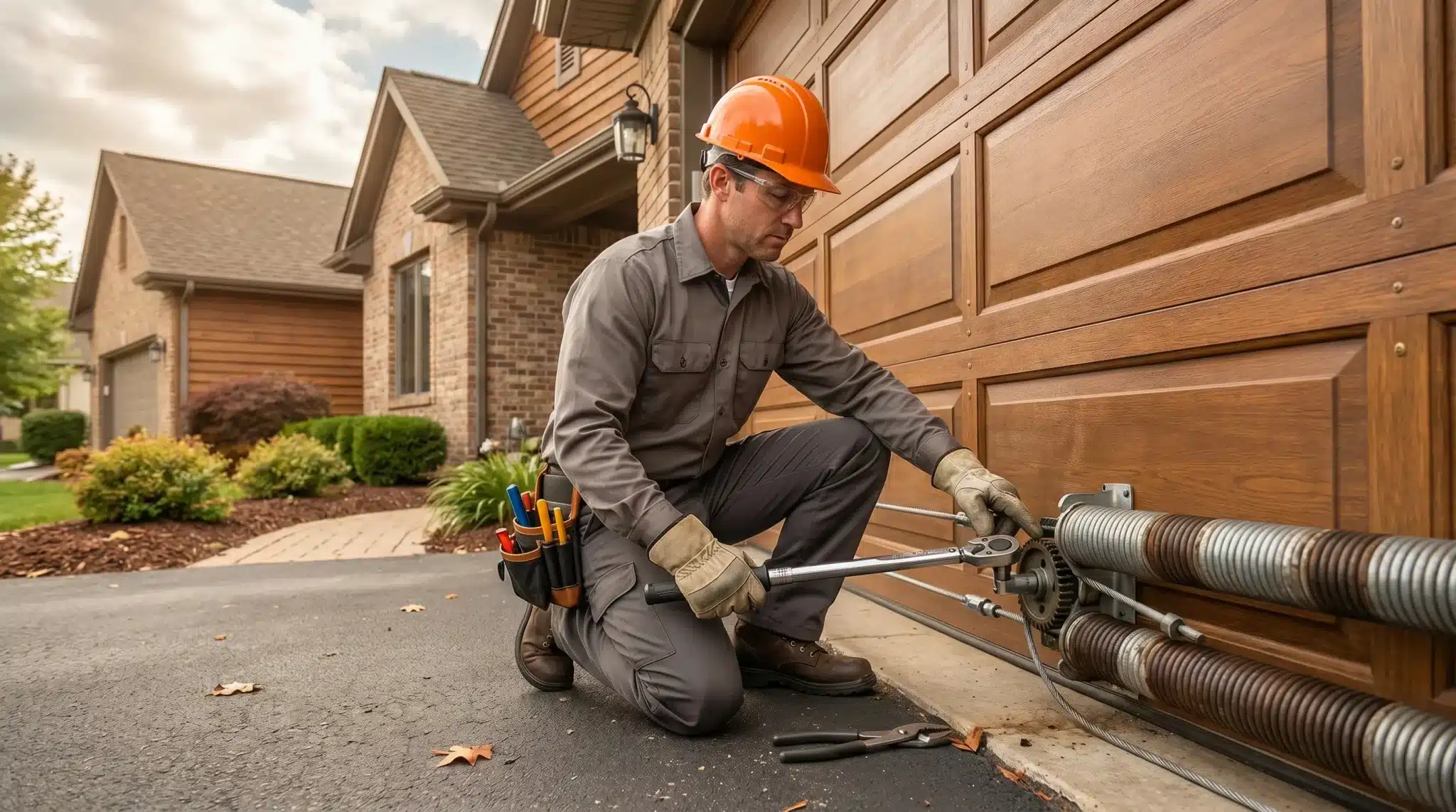 Worker in safety gear repairing garage door mechanism in residential driveway
