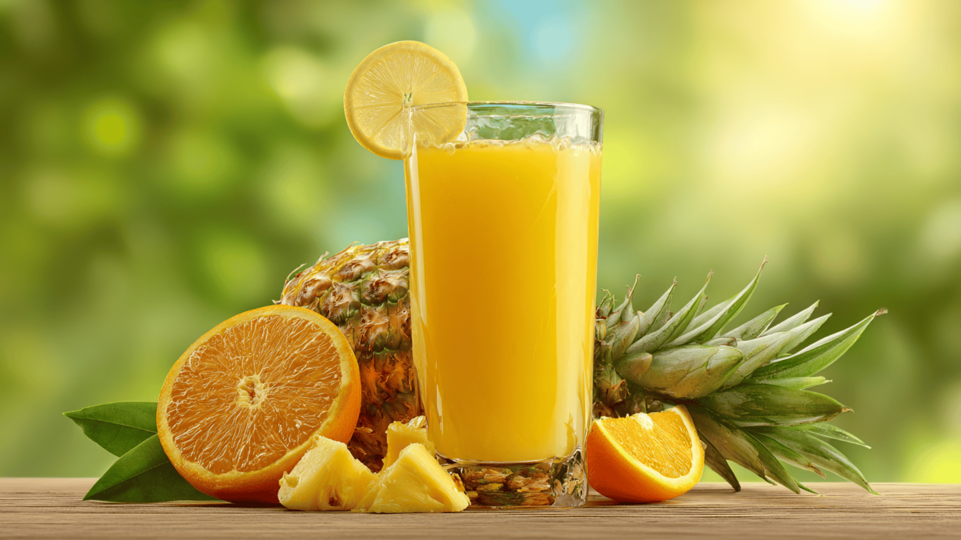 tropical cold pressed pineapple orange juice served over ice cold pressed pineapple orange refresher juice with lemon in a glass