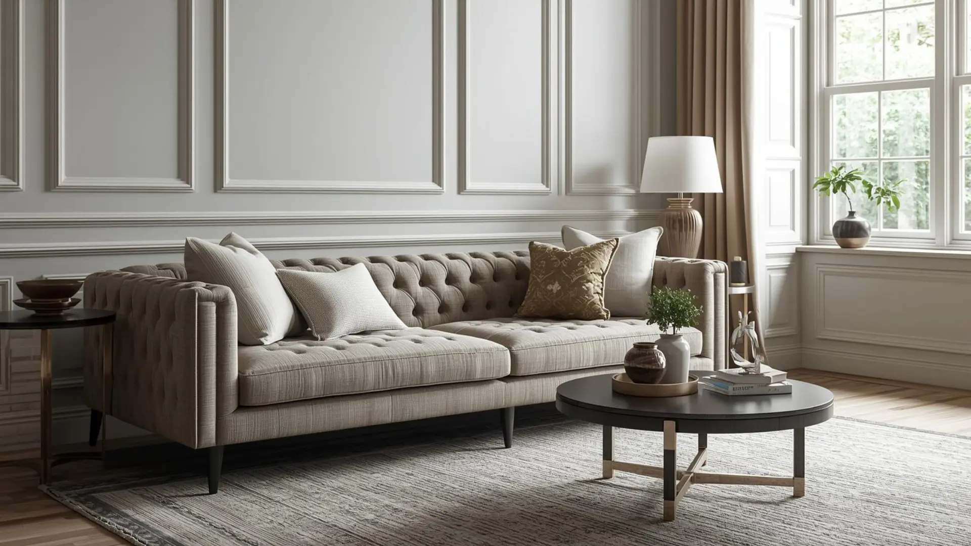 Modern Victorian living room with a tufted sofa, slim silhouette, ornate molding, layered textiles, and natural window light.