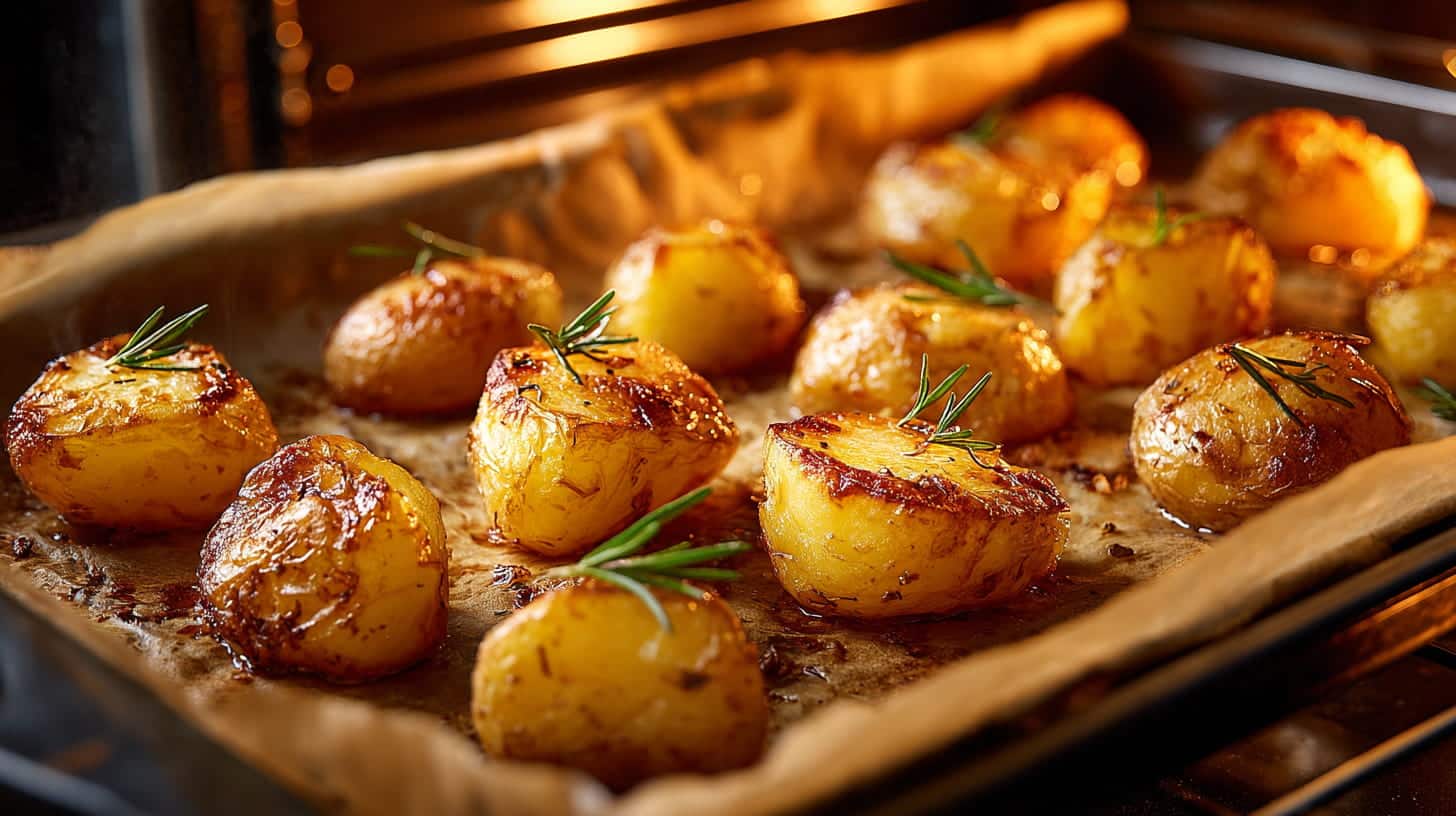 ukon Gold potatoes roasting on a sheet pan until golden, crisp, and tender
