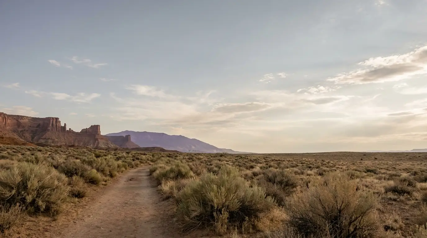 Dusty trail through desert landscape with sparse vegetation and distant rock formations under a pale sky