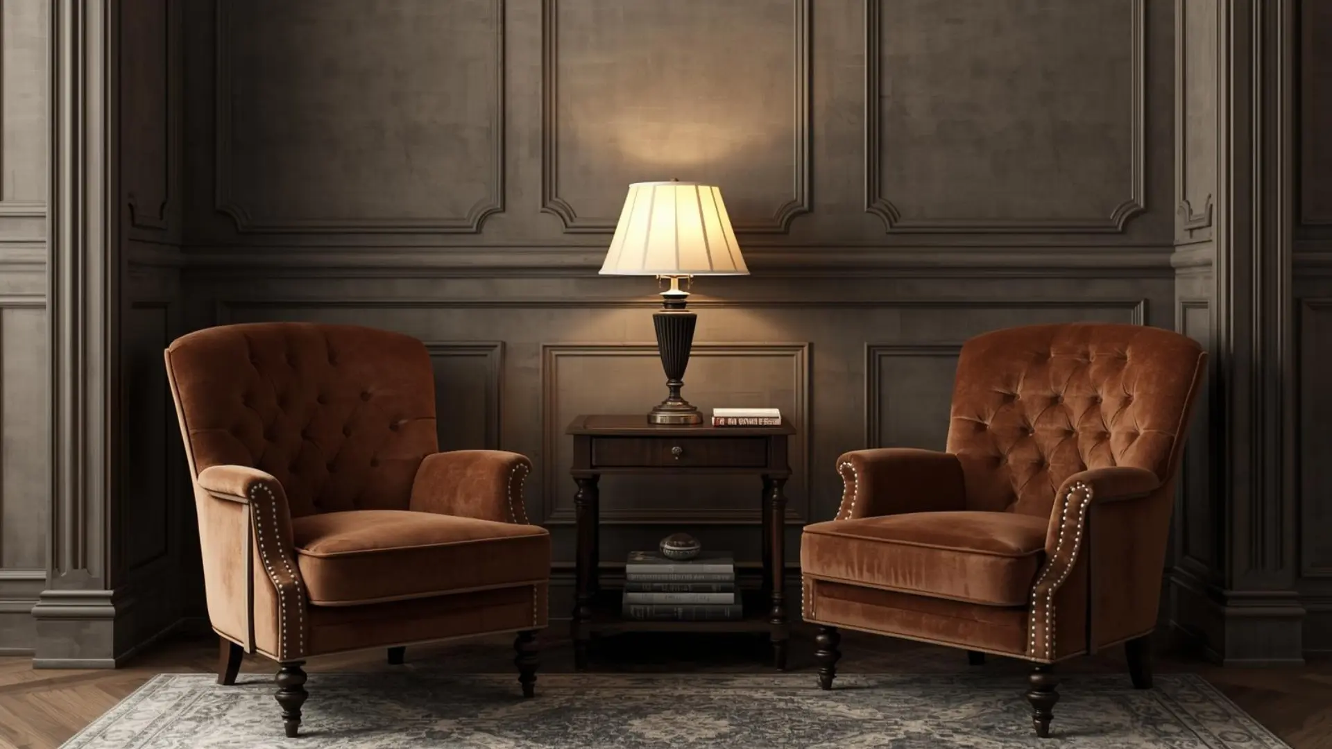 Modern Victorian reading corner with velvet accent chairs, dark wood table, warm lamp light, and period wall detailing indoors.