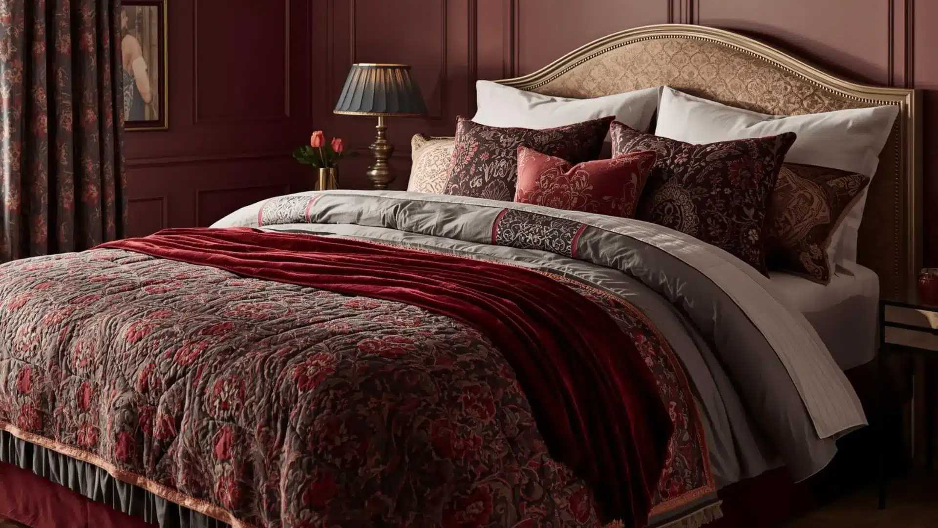 Modern Victorian bed with layered quilts, velvet throw, patterned cushions, and a romantic jewel-toned palette indoors.